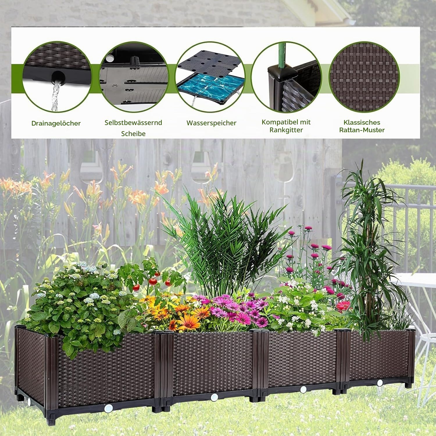 Blumenkasten mit Wasserablauf, 4 Stück Hochbeet, Rattanoptik Garten Pflanzkasten,160 * 40 * 20 cm Gemüsebeet Blumentopf Pflanzkübel für Terrasse, Garten, Eingangsbereich, Braun
