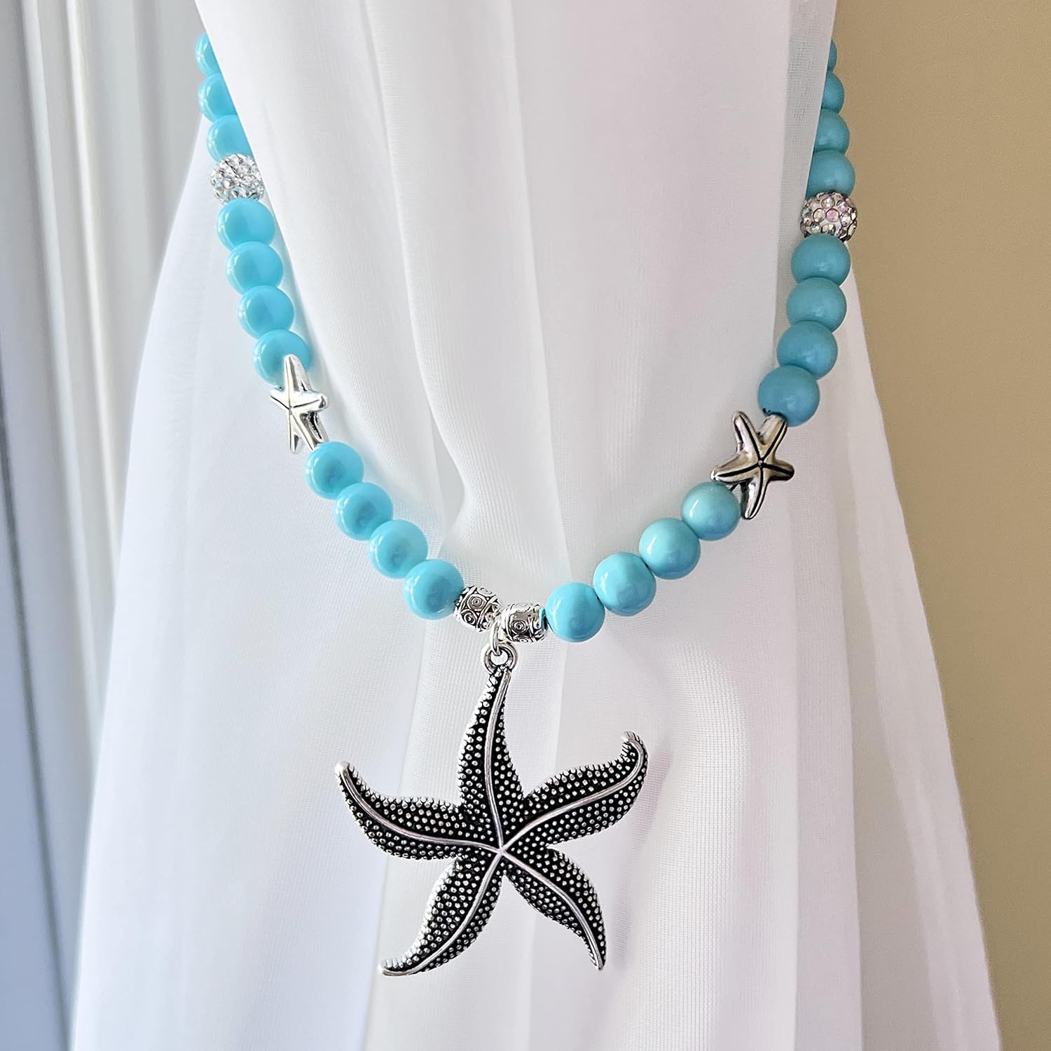 Starfish Curtain Tiebacks for Coastal Home - Beaded Tie Backs for Beach Decor - Curtain Holdbacks - Turquoise Drapery Tie Backs