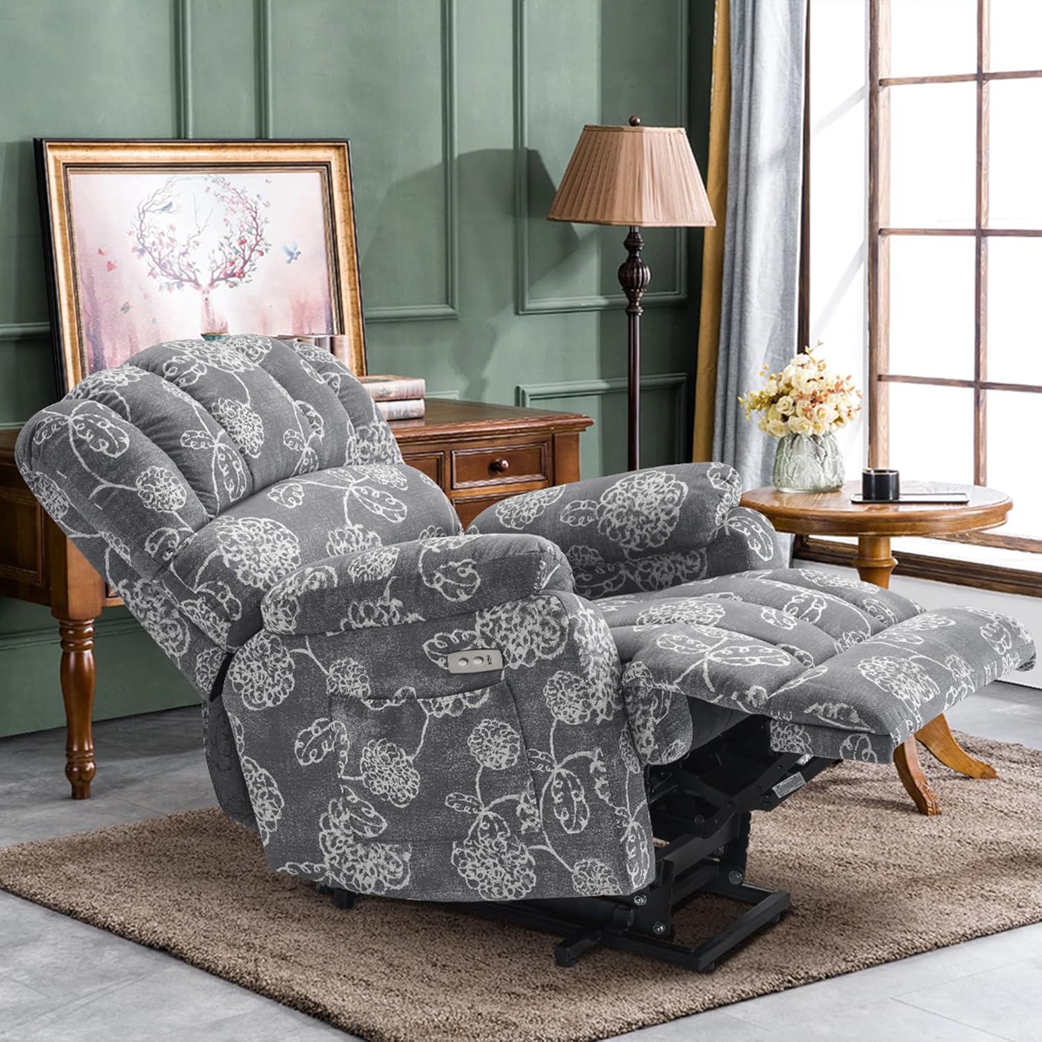 MCombo Medium Power Lift Recliner Chair Sofa with Massage and Heating, 3 Positions, USB Ports, Control Buttons for Elderly People, Fabric 7091