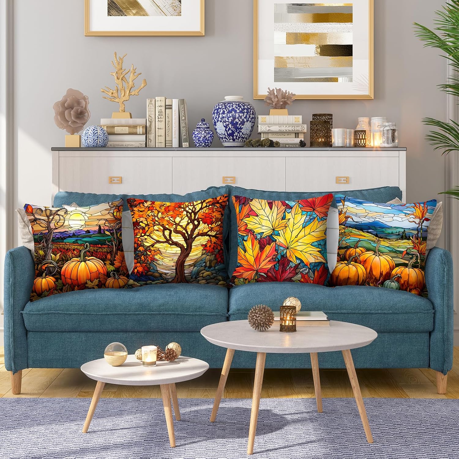 HOSTECCO Fall Pumpkin Throw Pillow Covers 20x20 inch Set of 4 Autumn Orange Pillow Cases Stained Glass Painting Maple Leaves Decorative Cushion Covers for Sofa