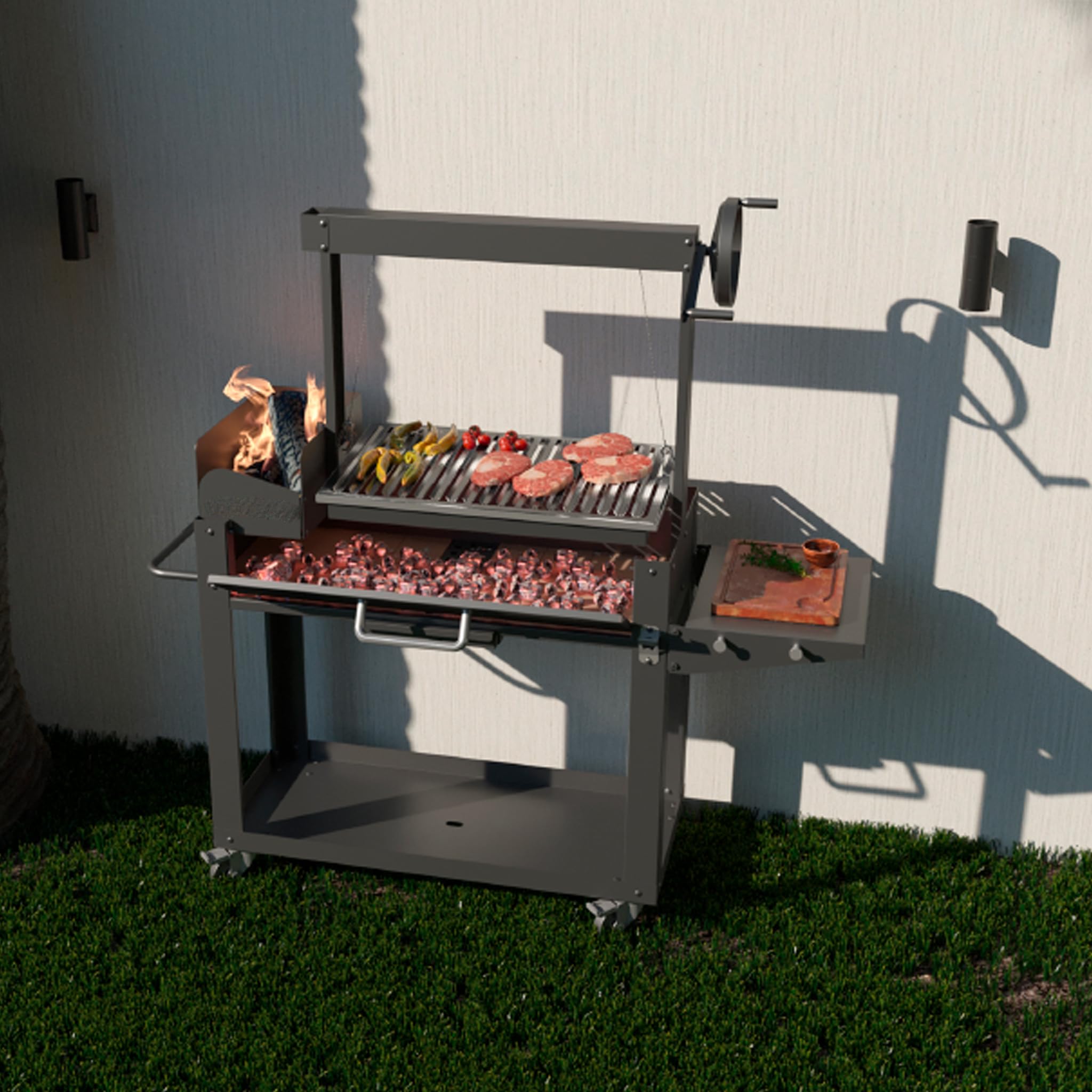Barbecue a Legna o Carbone "LNG" con Griglia Regolabile a Manovella – Struttura Robusta con Mensola Ribaltabile e Portalegna