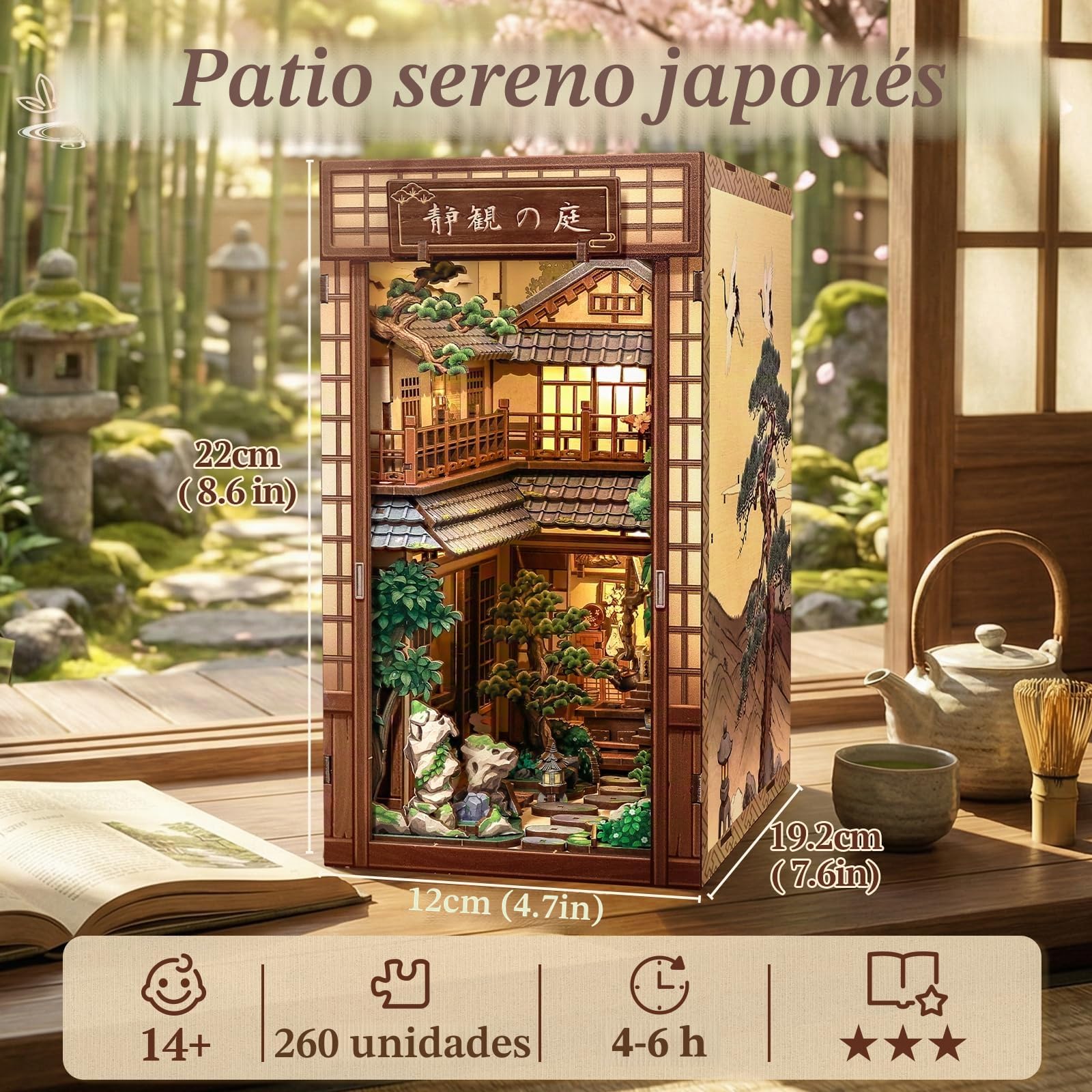CUTEBEE Book Nook Kit - Kit de Casa de Muñecas para Adultos, Casa Miniatura Japonesa con Luz LED, Decoración para Estantería, (Serene Courtyard)