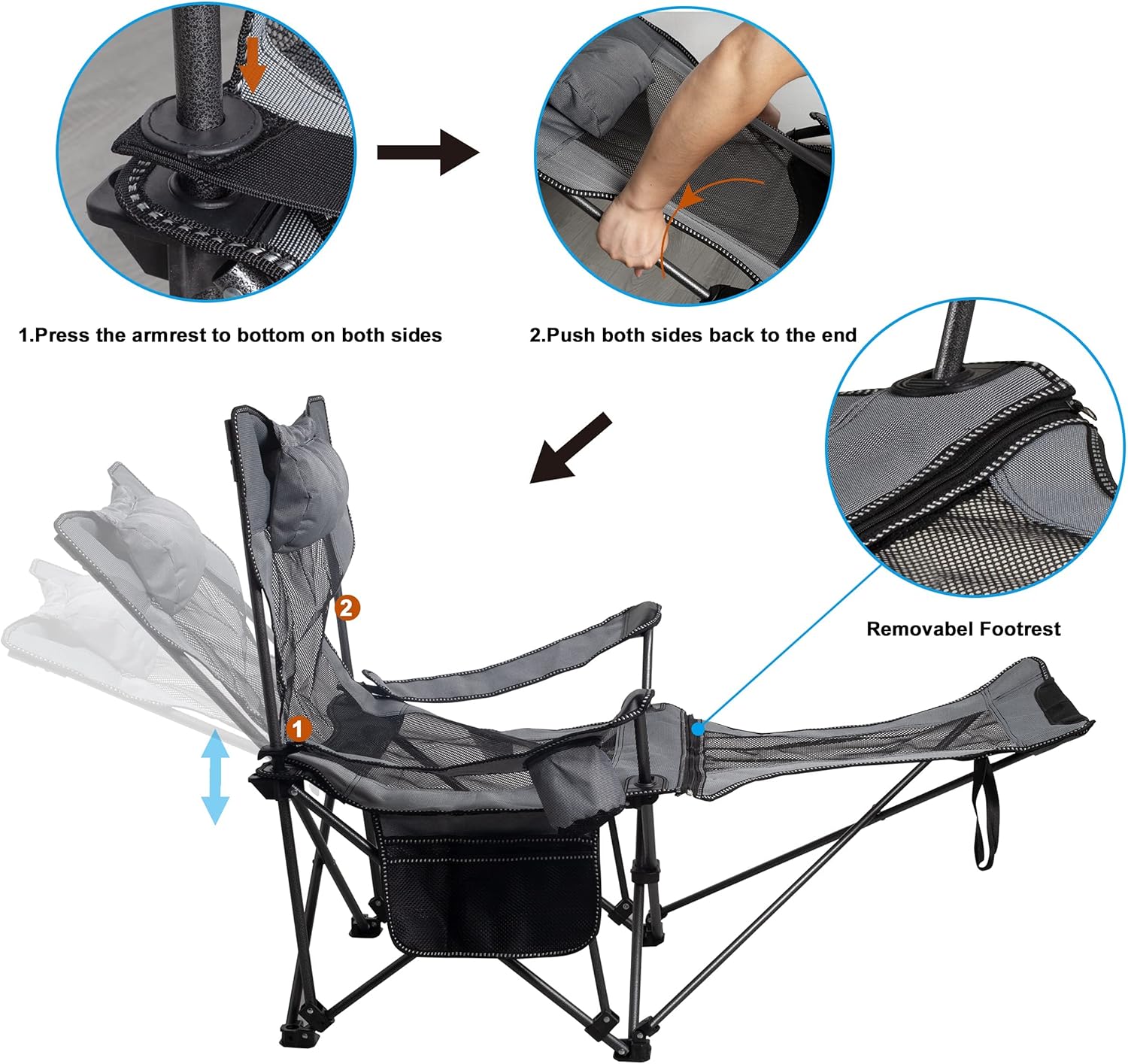LEADALLWAY Camping Folding Chair with Foot Rest, Collapsible Camp Chair with Cup Holder and Removable Storage Bag, Heavy Duty Beach Chair for Outdoor Camp, Picnic, Travel, Fishing - Image 4