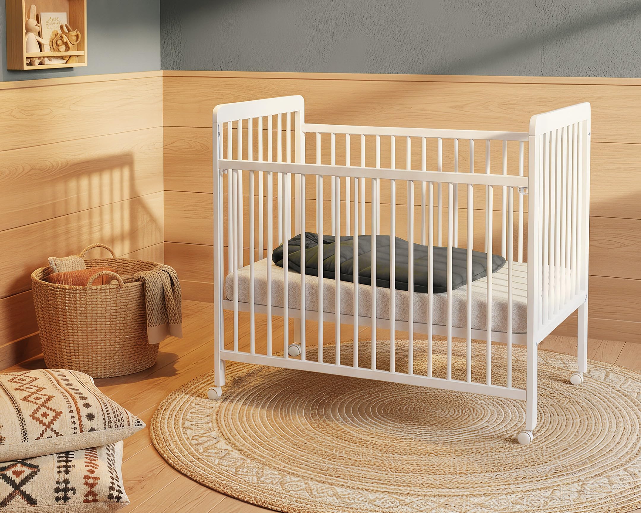 Webaby - Cuna bebé Madera con Barrera Deslizante para bebés 60x120 LIVO White | Base de Caja Ajustable en 3 Alturas | 4 Ruedas multidireccionales con Freno
