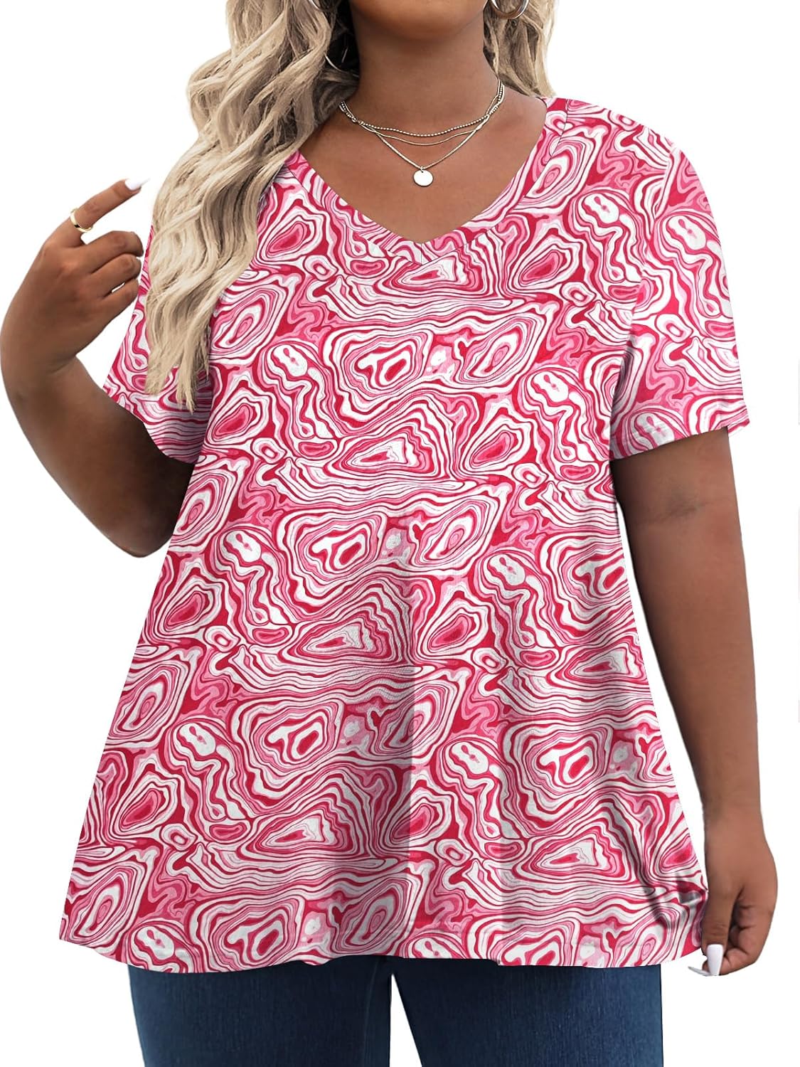 Tencede Womens Plus Size Tops Short Sleeve Tunic Shirts V Neck Summer Floral Loose Fit Blouse XL-5X