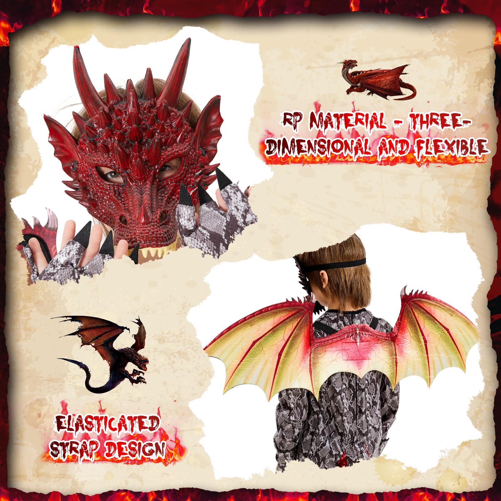 Ulikey Costume da Drago Bambino, Costume Carnevale Ragazzi, con Ali di Drago, Maschera da Drago, Dinosauri per Bambini Blu Rosso, Drago Tute per Bambini Carnevale Halloween Feste Cosplay
