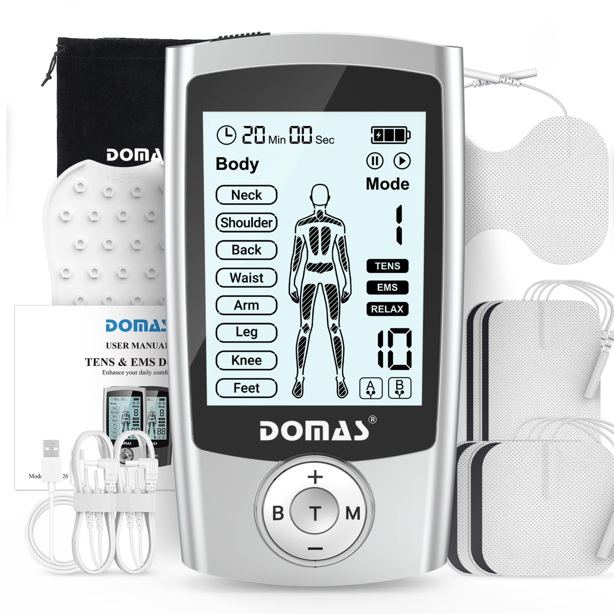 DOMAS TENS Unit with 4"x6" Butterfly Pad for Lower Back Pain Relief, 8 Guided Body Programs, USB-C Rechargeable, Dual Channel