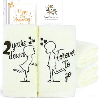 Cotton 2nd Anniversary, 2 Pack Premium 100% Cotton Towel Set with 2 Years Anniversary Card, Romantic Gifts Marriage Gifts for Him Her Husband Wife Couple Gift (2nd Anniversary Couple Gifts, Off-white)