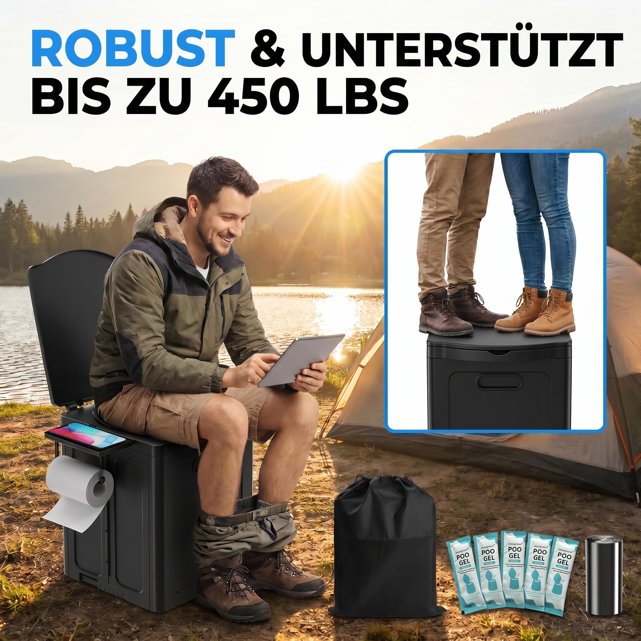 Campingtoilette klappbar mit Deckel, extra groß & stabil, kompakt für Auto