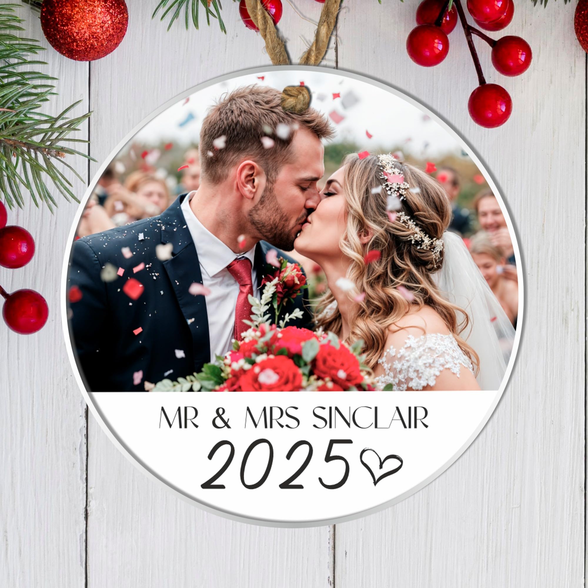 Personalised Wedding Christmas Ornament - Custom Text & Photo Round Hanging Bauble for Couples, Ideal Anniversary Keepsake (Acrylic - Indoor & Outdoor Use)