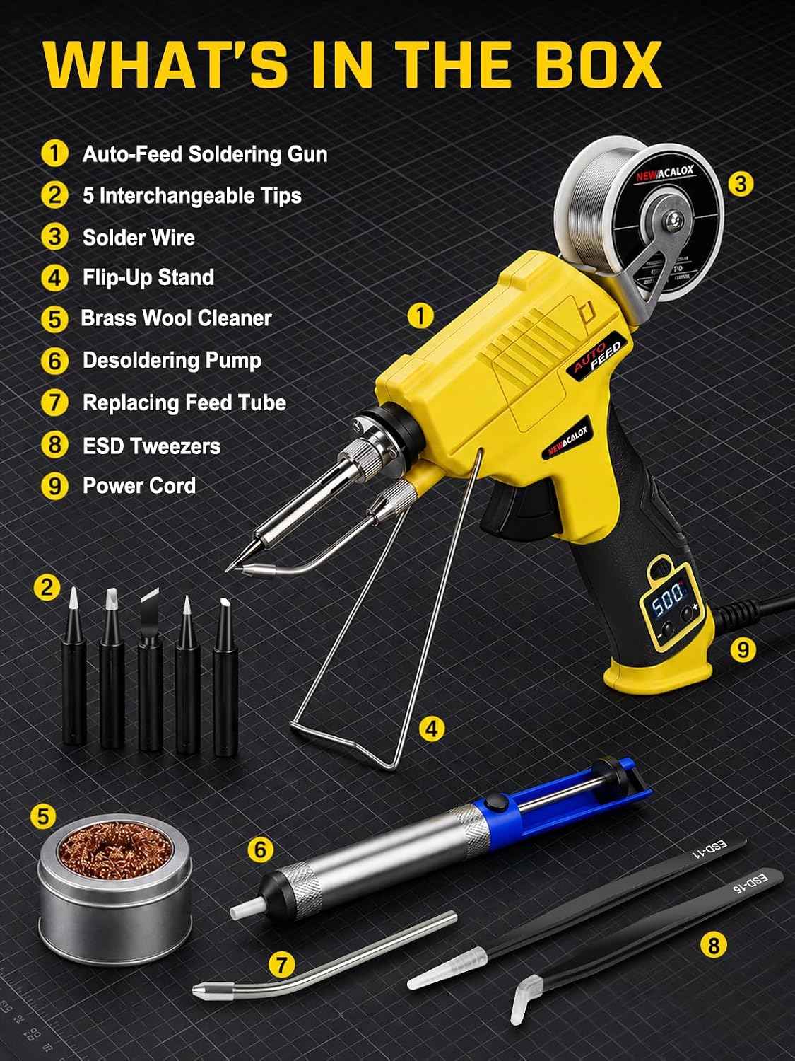 NEWACALOX Soldering Iron Kit Kit 60W Auto Feed with LCD Temperature Control | Trigger-fed Solder Keeps One Hand Free; 180–500°C Control, °C/°F Switch, 5 Tips, Pump and Tip Cleaner Included