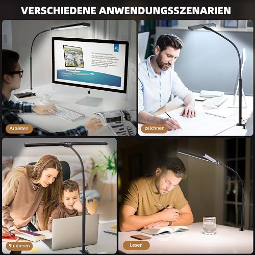 LIBORA Lampe de Bureau LED, Double tête lampe bureau, 5 Modes de Couleur 5 Niveaux de Luminosité, Col de cygne flexible et Peu encombrante lampe pince, lampen de table, Noir - 6