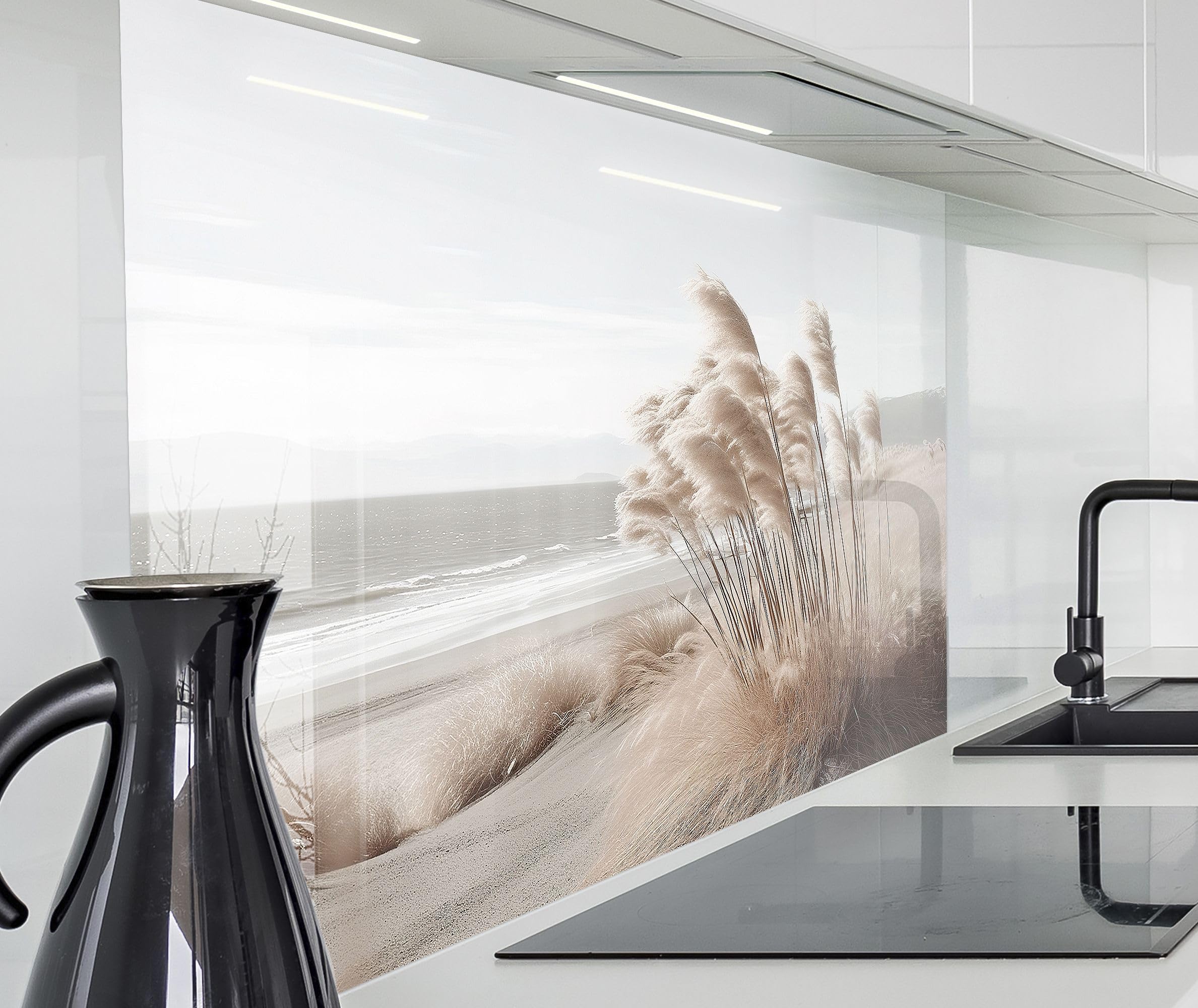 timalo Spritzschutz Wand für Herd, Küche Küchenrückwand Glasoptik | Acryl Glas 2mm | Glasrückwand Acrylglas Wandpaneele Rückwandschutz Platte | 280x58cm Meer Düne Pampasgras