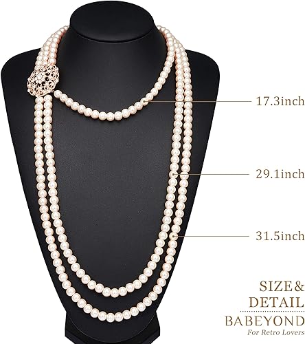 Miniatura 10 de BABEYOND - Collar de perlas vintage estilo Gatsby de los años 20 conjunto de collar nupcial y aretes de perlas de imitación multicapa collar con