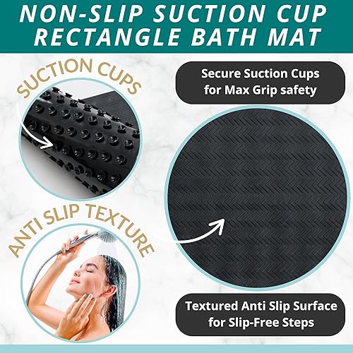 Miniatura 2 de ENKOSI Tapete de baño antideslizante para suelos de bañera y ducha, tapete de ducha antideslizante con agarre seguro de ventosa, tapete negro suave