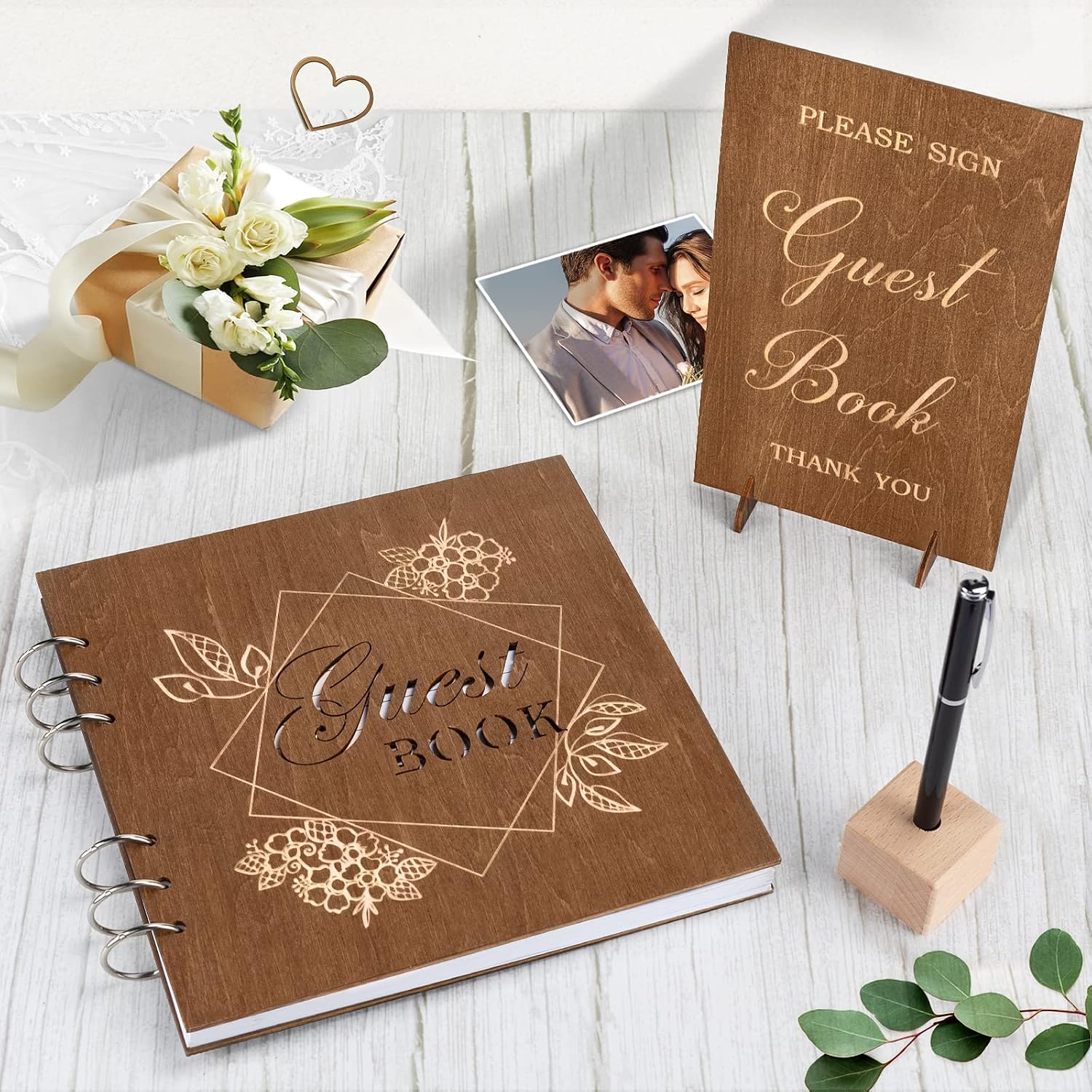 Creawoo Wooden Wedding Guest Book Reception Sign in Photo Album with Table Sign, Pen & Holder, Hardcover Memory Registry Guestbook with 90 White Pages for Baby Shower, Birthday, Bridal Shower, Wedding