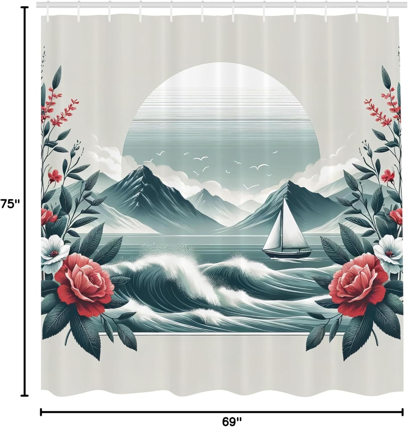 Ambesonne Nautical Shower Curtain, Vintage Seascape Peaceful Horizon with Blooming Wild Roses and Sailboat, Cloth Fabric Bathroom Decor Set with Hooks, 69" W x 75" L, Coral and Slate Blue
