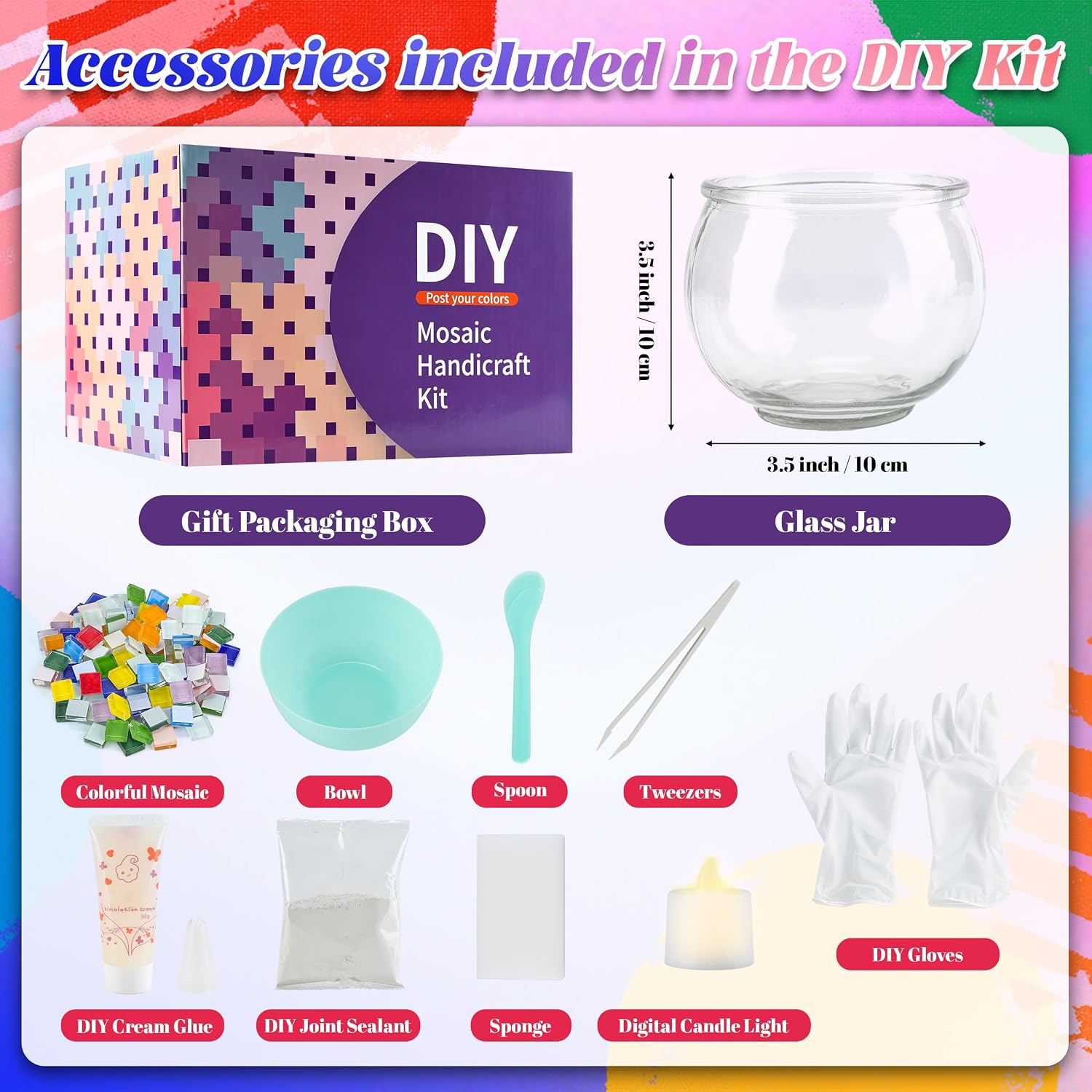 Joyclub Bundle of DIY Mosaic Candle Holder Kit and 4 Sets DIY Glass Mosaic Tiles for Home Lighting Decor Girls Birthday Craft Gifts image 3
