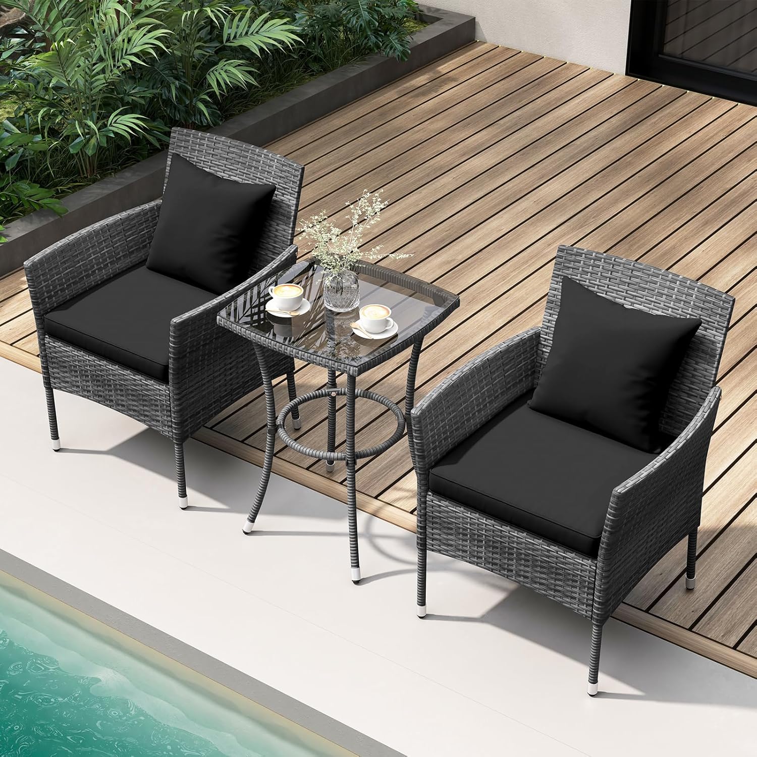 KOTEK 3 Pieces Patio Furniture Set, PE Rattan Outdoor Conversation Set with Tempered Glass Table & Soft Cushions, Wicker Bistro Set for Garden, Porch, Balcony (Black)