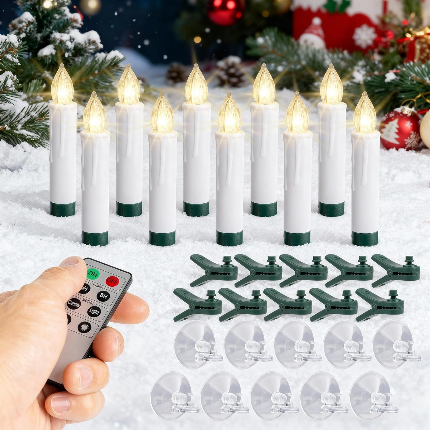 10 Pack 3.5" LED Flameless Flickering Mini Taper Tree Clip-On Candles, Suction Cups Window Mounts, Drip Effect Timer Remote Control, Battery Operated Christmas Decorative Ornaments Wreath