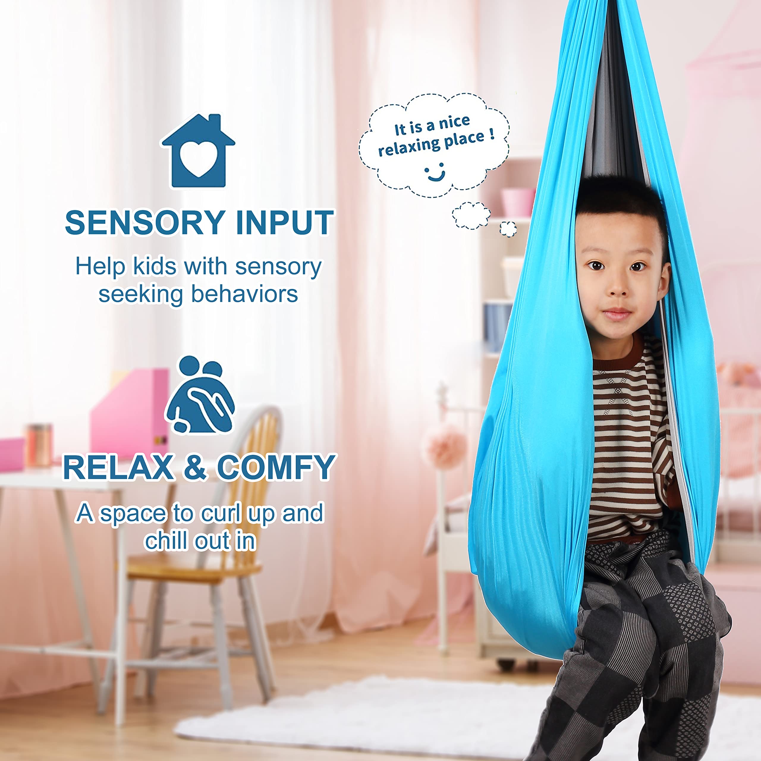 Amazon.com: 兒童感官鞦韆- Topind 雙層治療鞦韆,附360°  旋轉衣架,療癒和放鬆擁抱室內鞦韆,適合自閉症、多動症、感官處理障礙的兒童(天藍色/灰色) : 露臺、草皮與花園