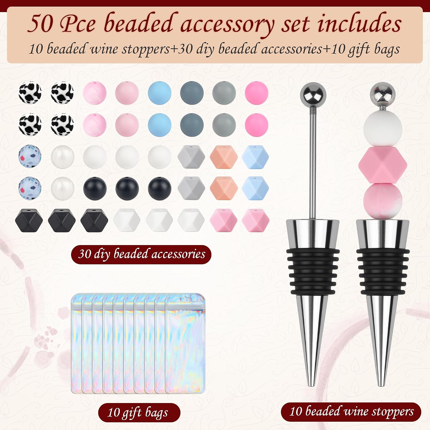 50 Pcs Beadable Wine Stoppers Kit Alloy Wine Stopper