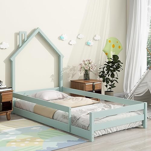 Cama de piso para niños, marco de cama de madera de tamaño individual con cabecera en forma de casa y vallas para niños y niñas, cama de plataforma