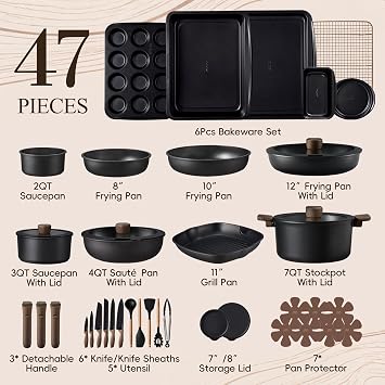 CAROTE 47pcs Pots and Pans Set Non Stick, Detachable Handle Cookware Set