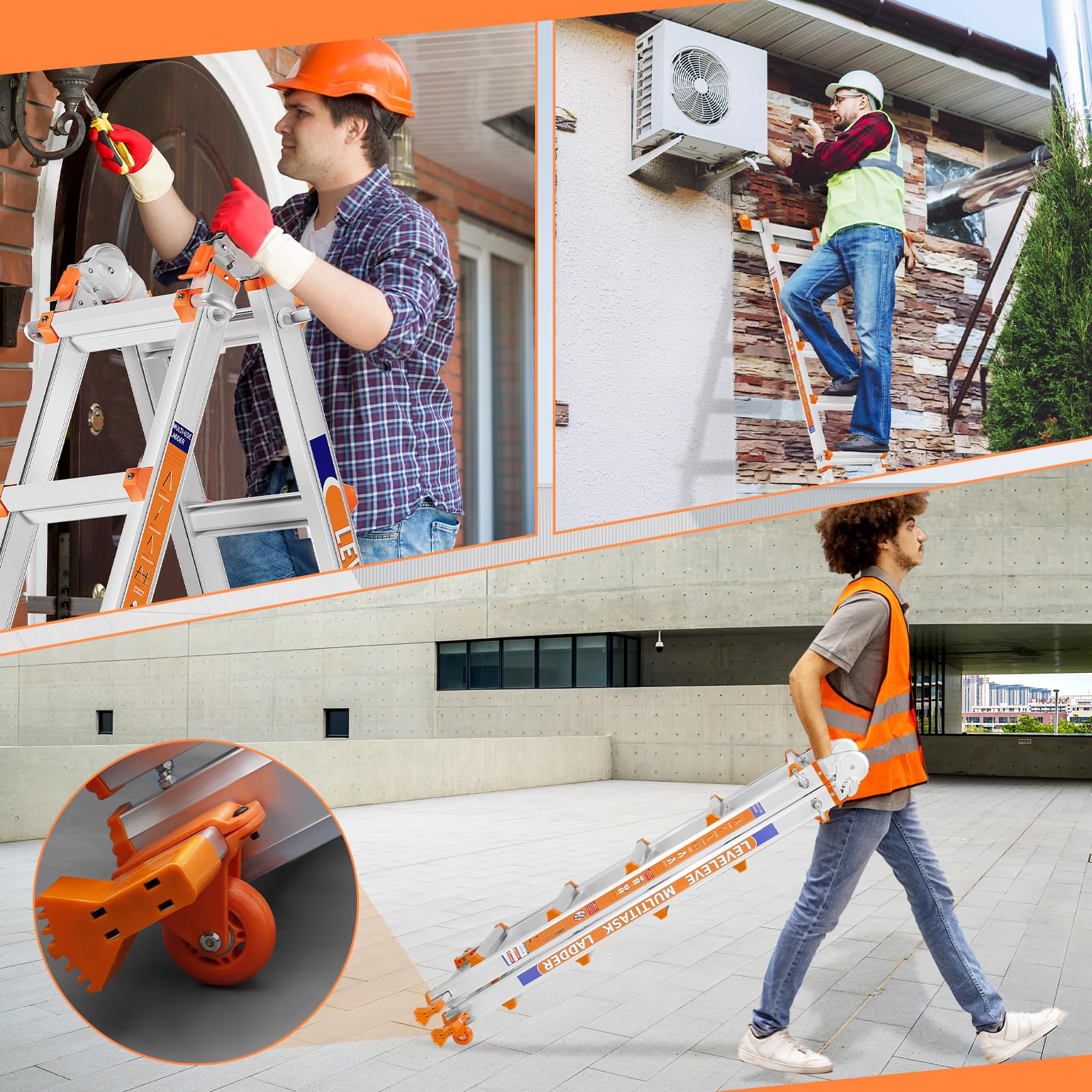 Escalera de 4 peldaños con múltiples Posiciones, Escalera Deslizante de 4,2 m con estabilizador y Ruedas, Carga de Seguridad de 150 kg, una Escalera de Marco para escaleras, hogar, Interior, Exterior