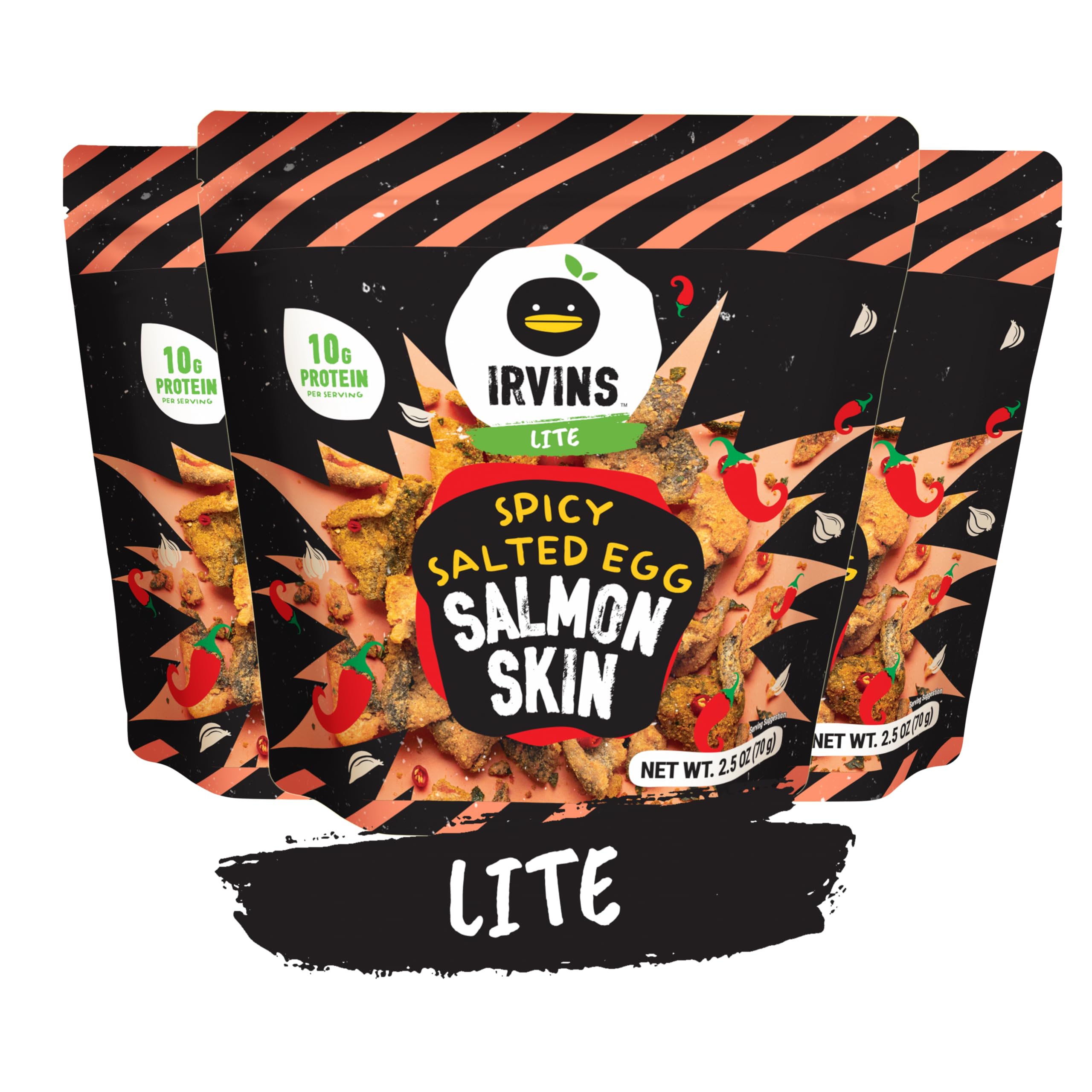 IRVINS Lite Hot Boom Spicy Salted Egg Salmon Skin Chips Crisps | No MSG | Premium Hand Cooked | High Protein | Keto-Certified | 2.5 oz (Pack of 3)