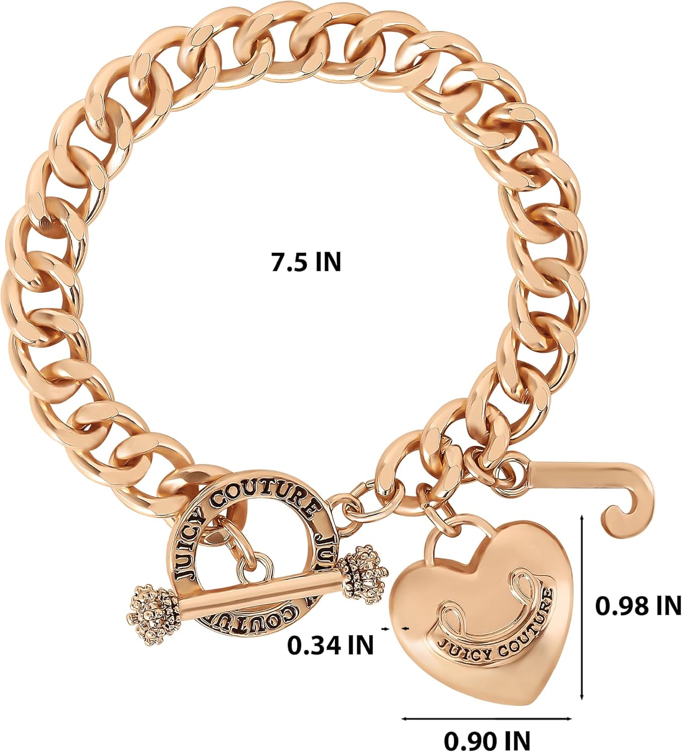 Juicy Couture Bracelet 7-7.5", Goldtone Heart Charm and Toggle Bracelets for Women, Mother's Day Gifts for Her