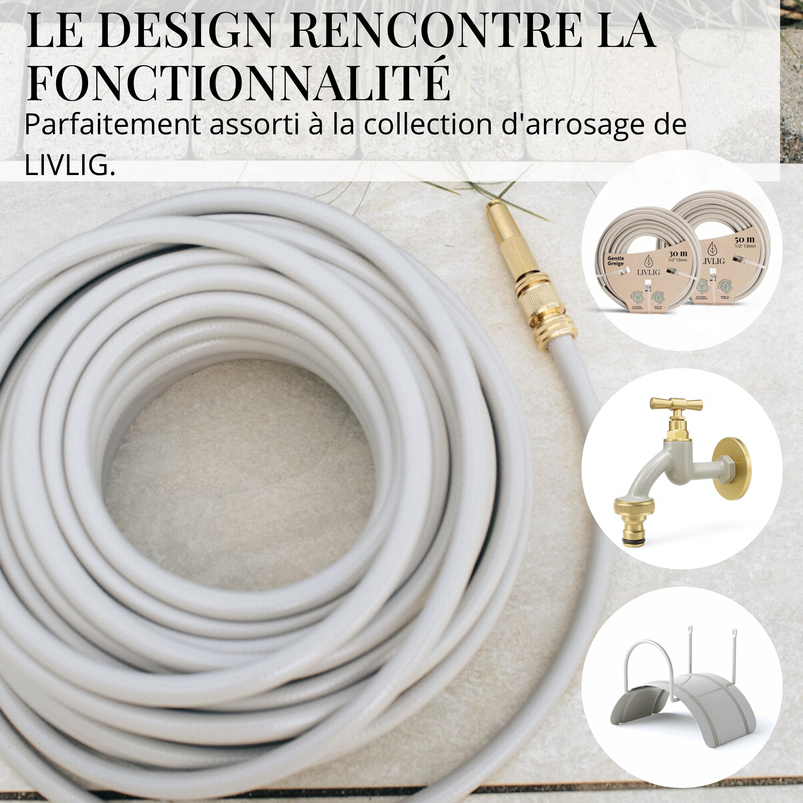 LIVLIG Lance de jardin Goldie en laiton 1/2" 13mm avec arrêt d'eau et raccord de robinet