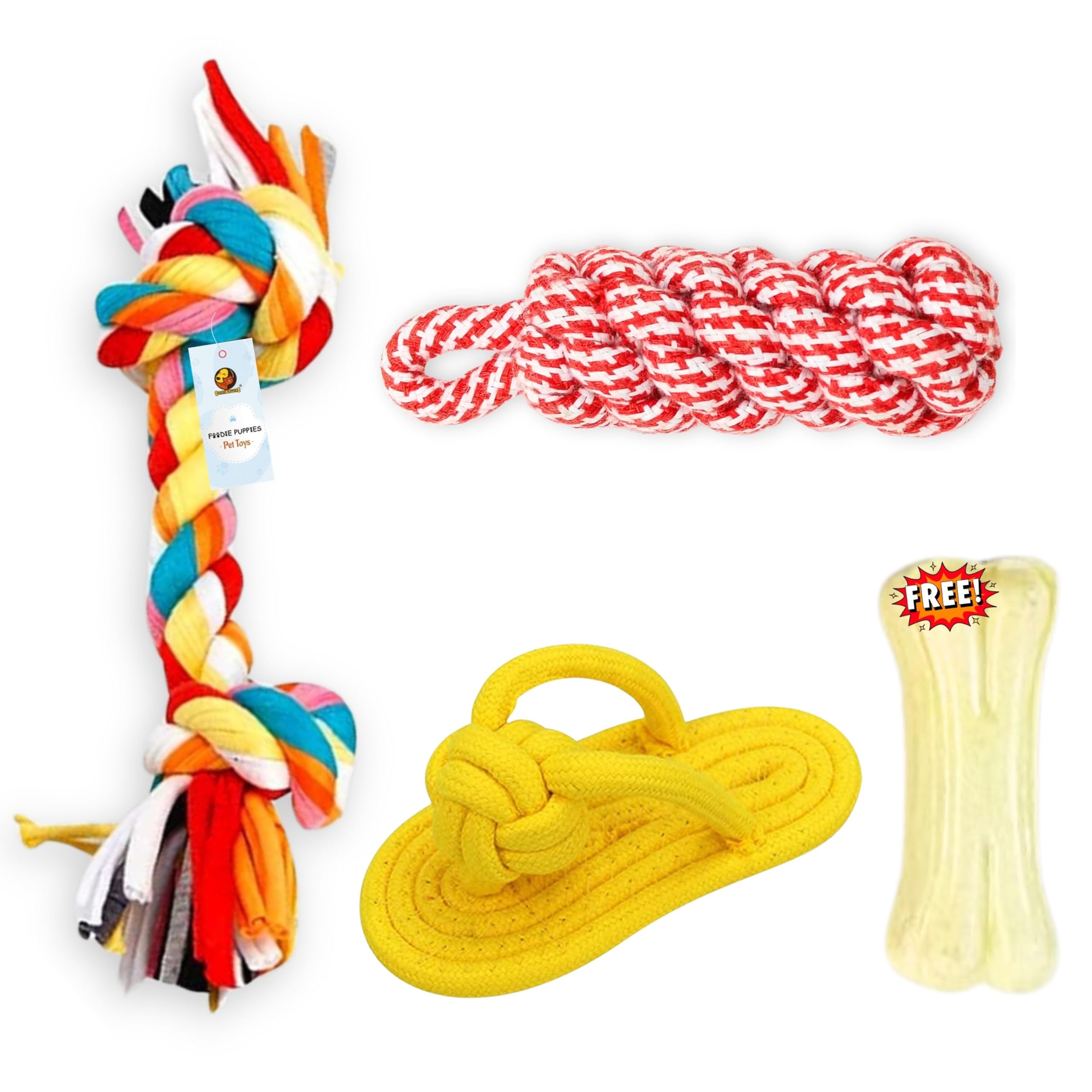 Foodie Puppies 4-in-1 Dog Chew Cotton Rope Combo Toy for Dogs (2 Knot Rope, Corn Stick, Slipper with Free 3-Inch Bone) for Playing, Teeth Cleaning & Training (Color May Vary)