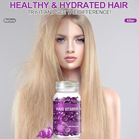 Hair Vitamin Serum Capsule, Hair Care Capsules Hair Treatment Serum Hair Vitamins Capsules for Hair Care Hair Moisturising Essence Anti-Frizz Hair Breakage Repair Hair Oil Capsules for Hair (Purple)
