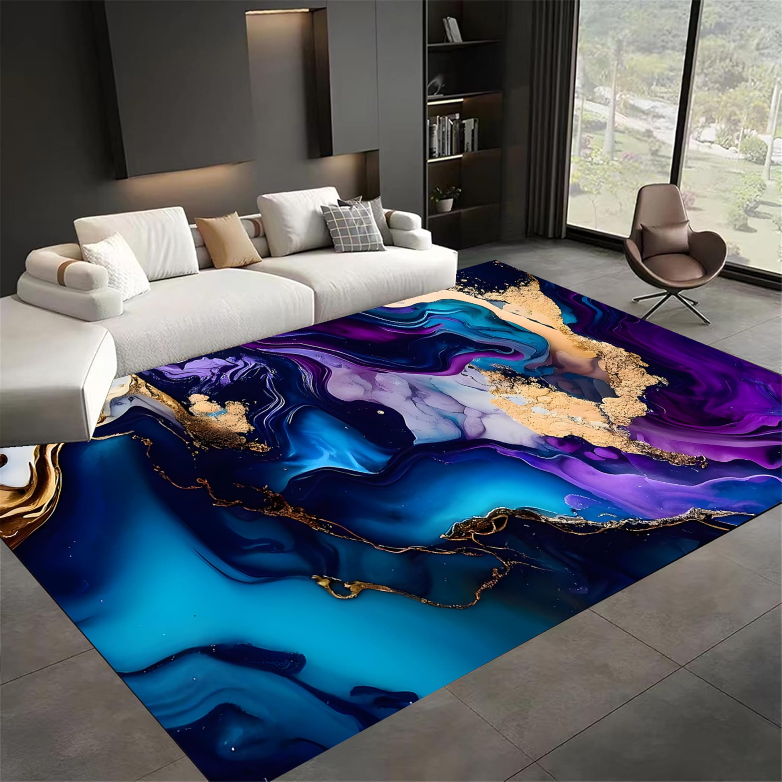 Blue Marble Area Rug,5x8ft,Mmodern Aesthetic Blue and Gold Marble Abstract Carpet,with Non-Slip Backing,Machine Washable Rugs,for Bedroom,Dining Room,