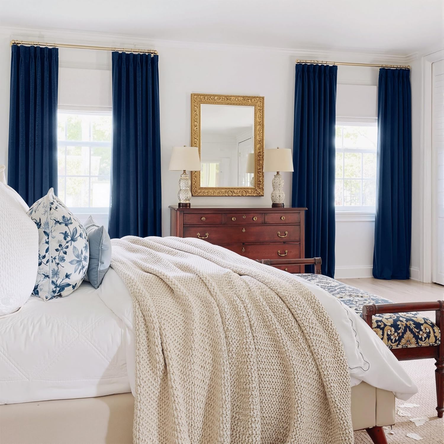 RYB HOME Navy Blue Pinch Pleated Velvet Blackout Curtains, Thermal Insulated Pinch Pleat Drapes with Hooks, Luxury Privacy Window Panels for Living Room Bedroom, 40 W x 90 L, 2 Panels Set