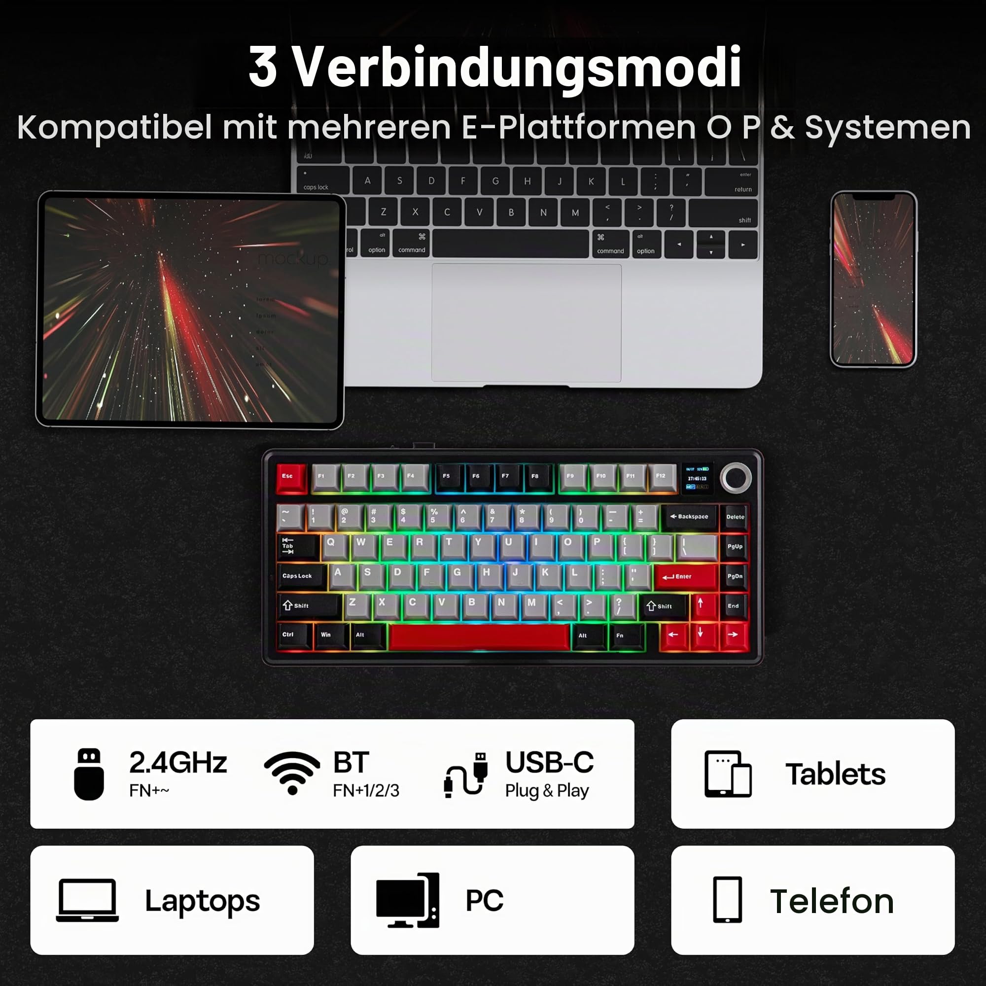 MechLands Aula F75 MAX Kabellose Gaming-Tastatur mit Display & Drehregler, 75% Hot-Swap-fähige Mechanische Tastatur mit Creamy Gasket, RGB, NKRO für Win/Mac/Linux (Schwarz Rot)