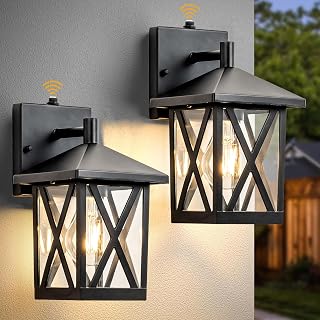 2 Packs Dusk to Dawn Sensor Outdoor Wall Lantern Light,Exterior Porch Light Fixtures Wall Mount with E26 Base,100% Waterproof Anti-Rust, Matte Black Outdoor Wall Lights for Garage, Doorway, Hallway.