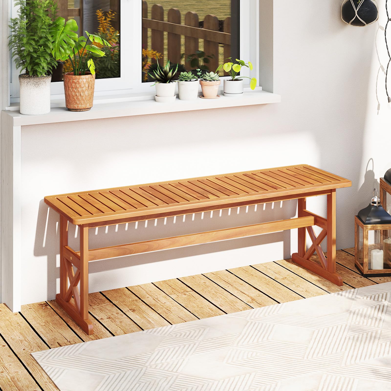 COSTWAY Panchina da Esterno in Legno di Acacia, Portata 360 kg, Panchina per 2-3 Persone senza Schienale con Sedile a Doghe, Panca Esterno per Veranda, Giardino, Balcone e Cortile (1)