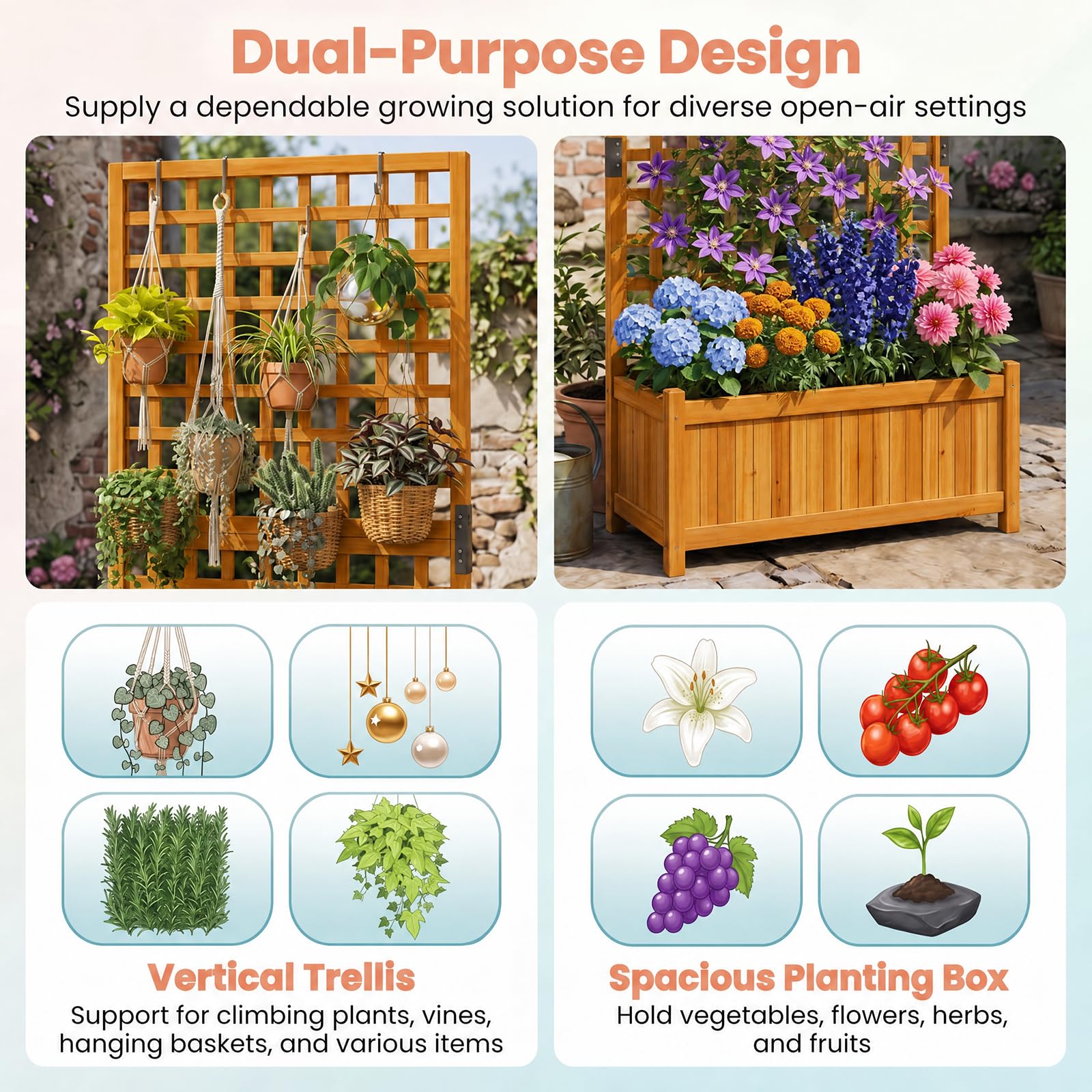 HOMASIS Blumenkasten mit Sichtschutz, Pflanzkübel mit Rankgitter, Pflanzkasten aus Holz, Hochbeet Pflanzgefäß Rankkasten Gartenspalier Rankhilfe für Balkon Garten Terrasse (Orange, 76x32x143cm)