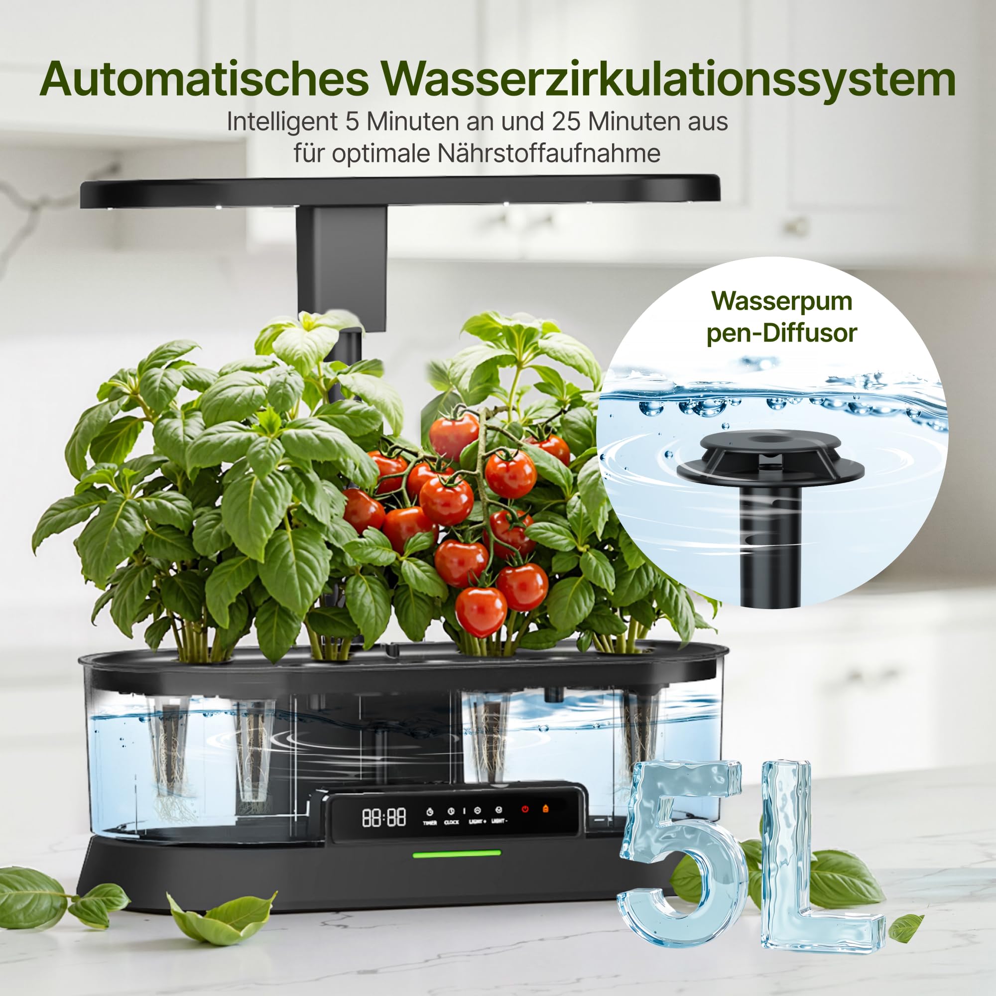 SUNCOZE Abnehmbarer Hydroponisches Anzuchtsystem mit 12 Hülsen, Schwarz | Indoor Kräutergarten mit 36W LED Pflanzenlampe, 5L Wassertank, Höhenverstellbar bis 550 mm, Hydroponik System mit Timer