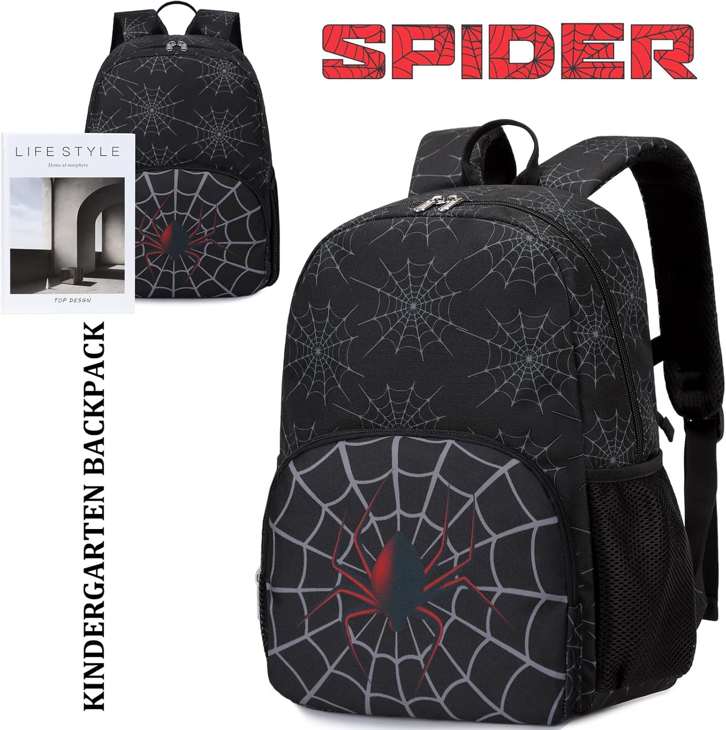 JIANYA Toddler Boy Backpack, Kindergarten Kids Backpack for School Mochilas Escolares Para Ninos Ages 5-8, 15" Spider Black