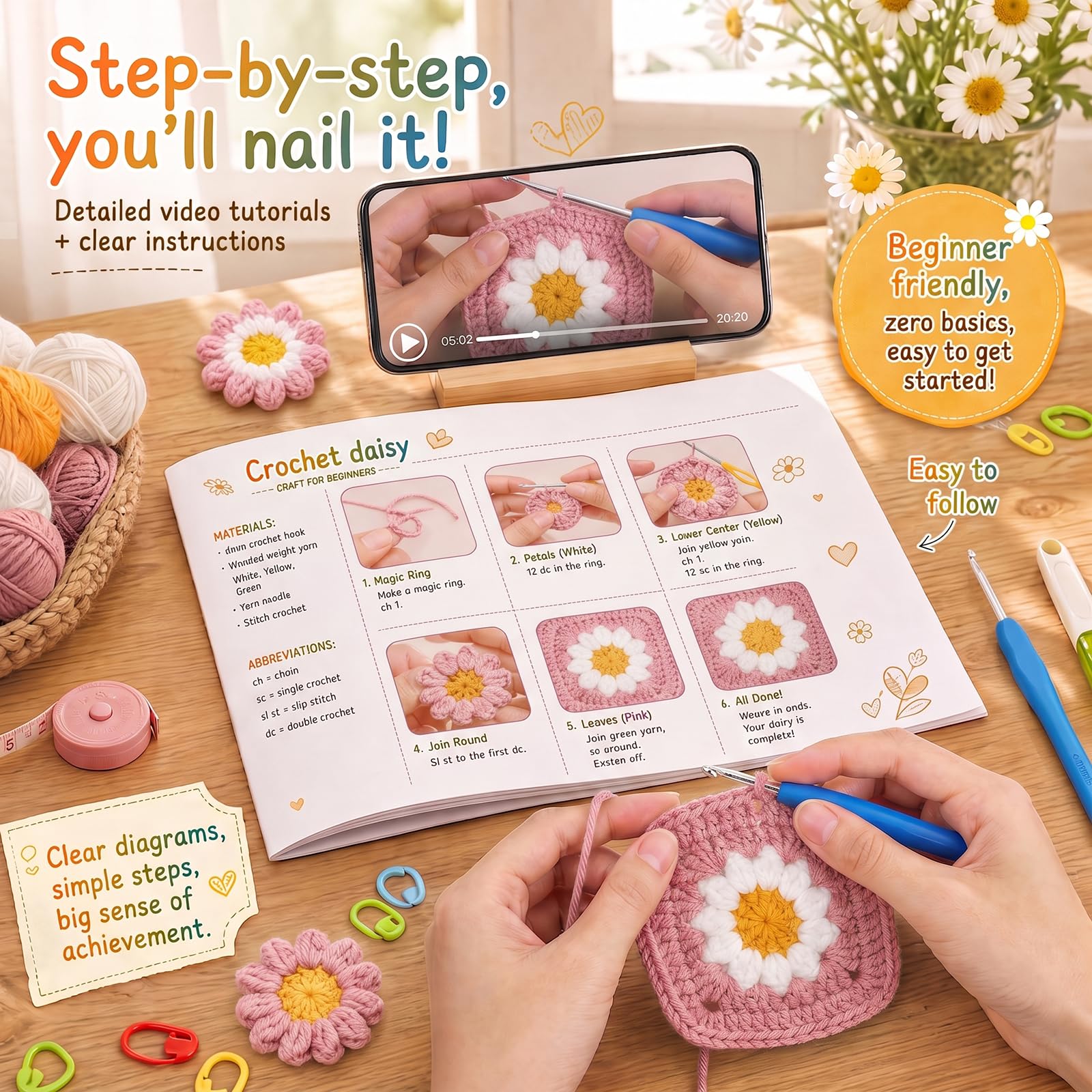 Set per uncinetto, coperta all'uncinetto, set completo per principianti e adulti, con uncinetto, istruzioni passo dopo passo, filato e accessori, per imparare all'uncinetto, rosa