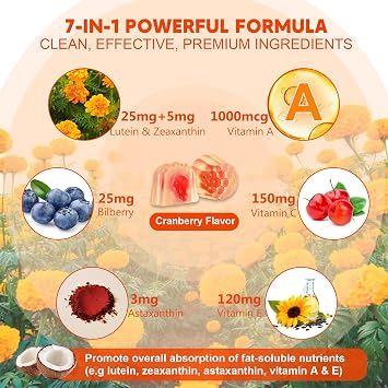 Lutein and Zeaxanthin Supplements Gummies 25mg Vitamins A, C, E, Bilberry