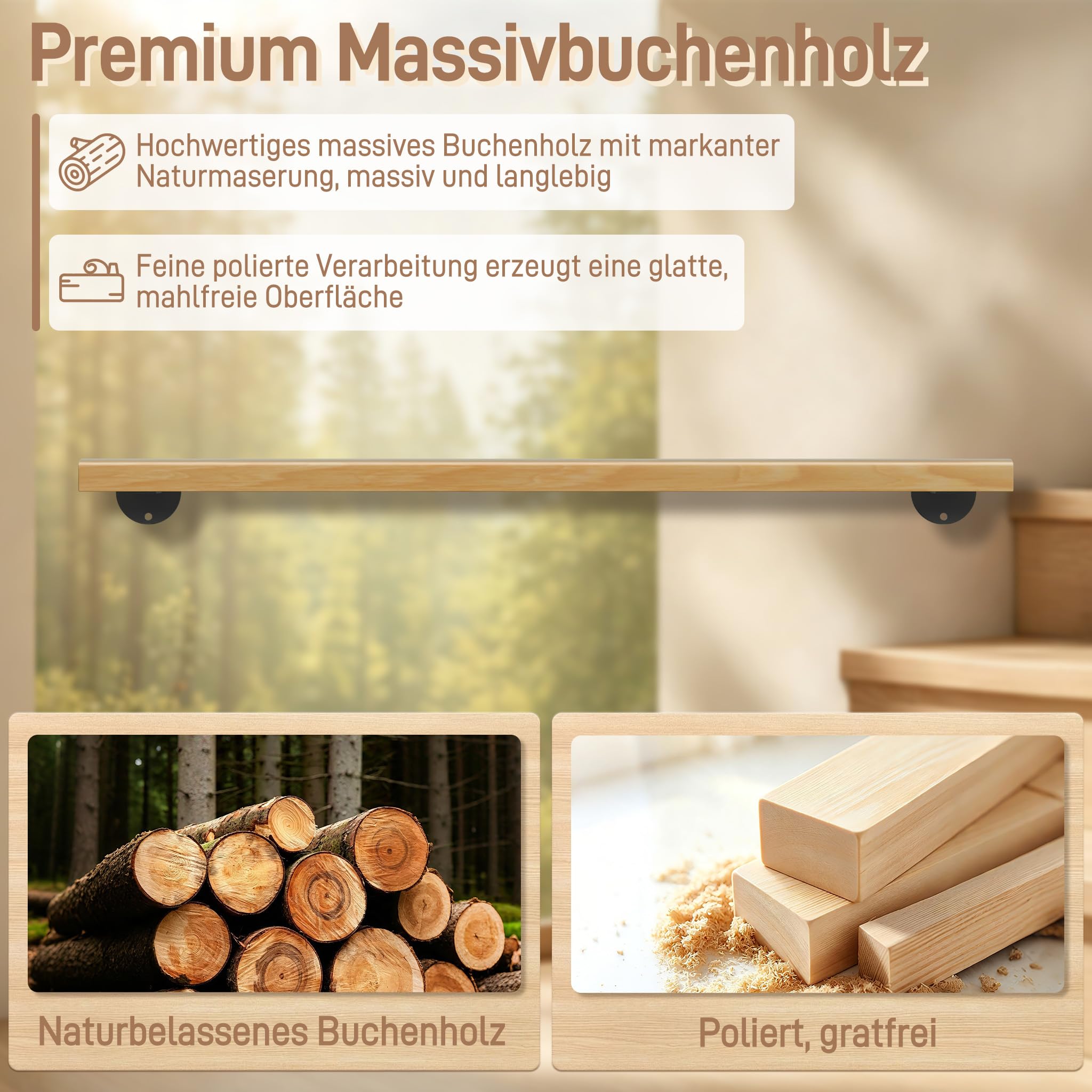 FIVMEN Handlauf Holz 150cm Buche Geländer mit Wandhalterung Schrauben