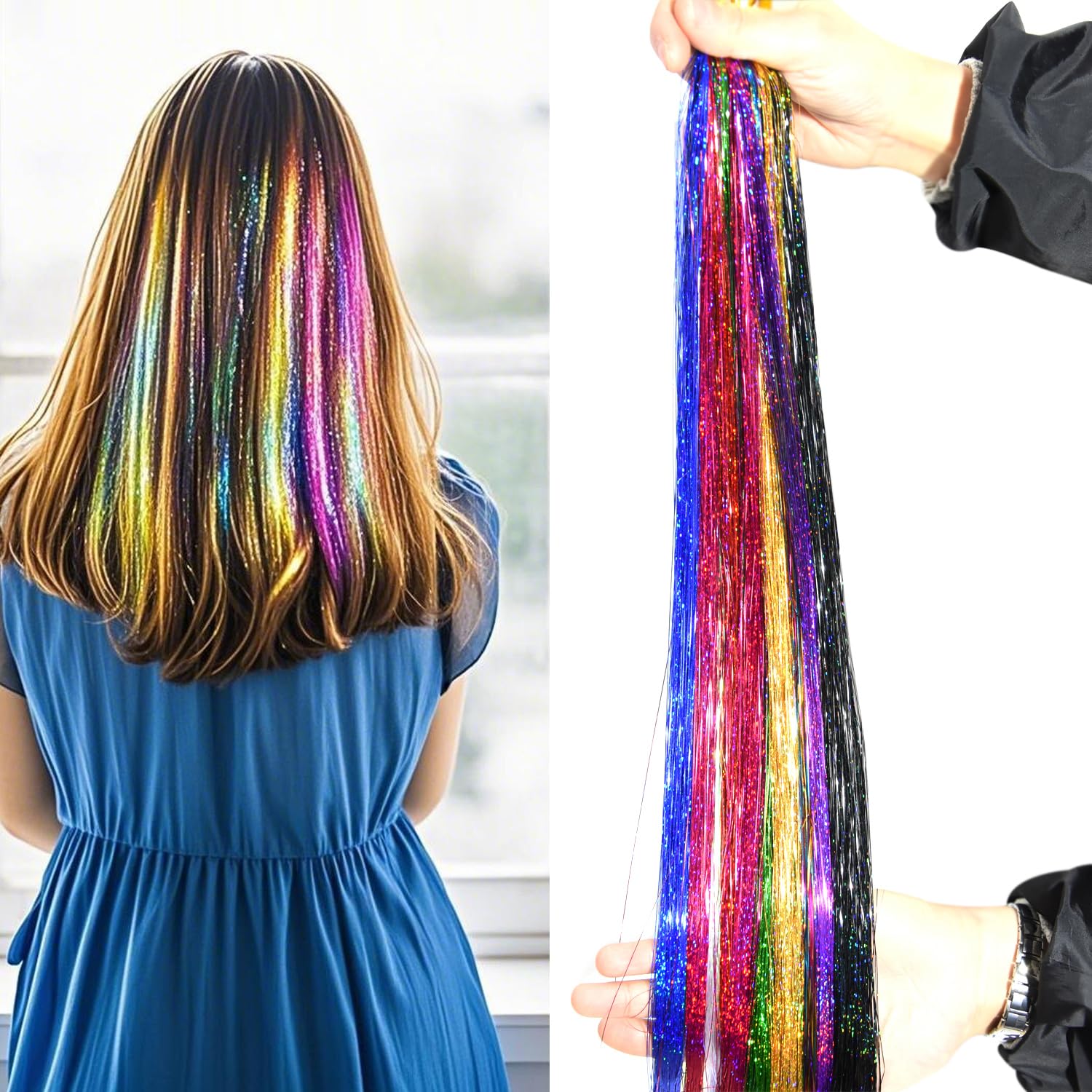 Hair Tinsel Kit 119 cm 2400 Pasemek Syntetyczne Przedłużanie Włosów Glitter Hair Extension Kit z Szydełek（12 Kolorów）