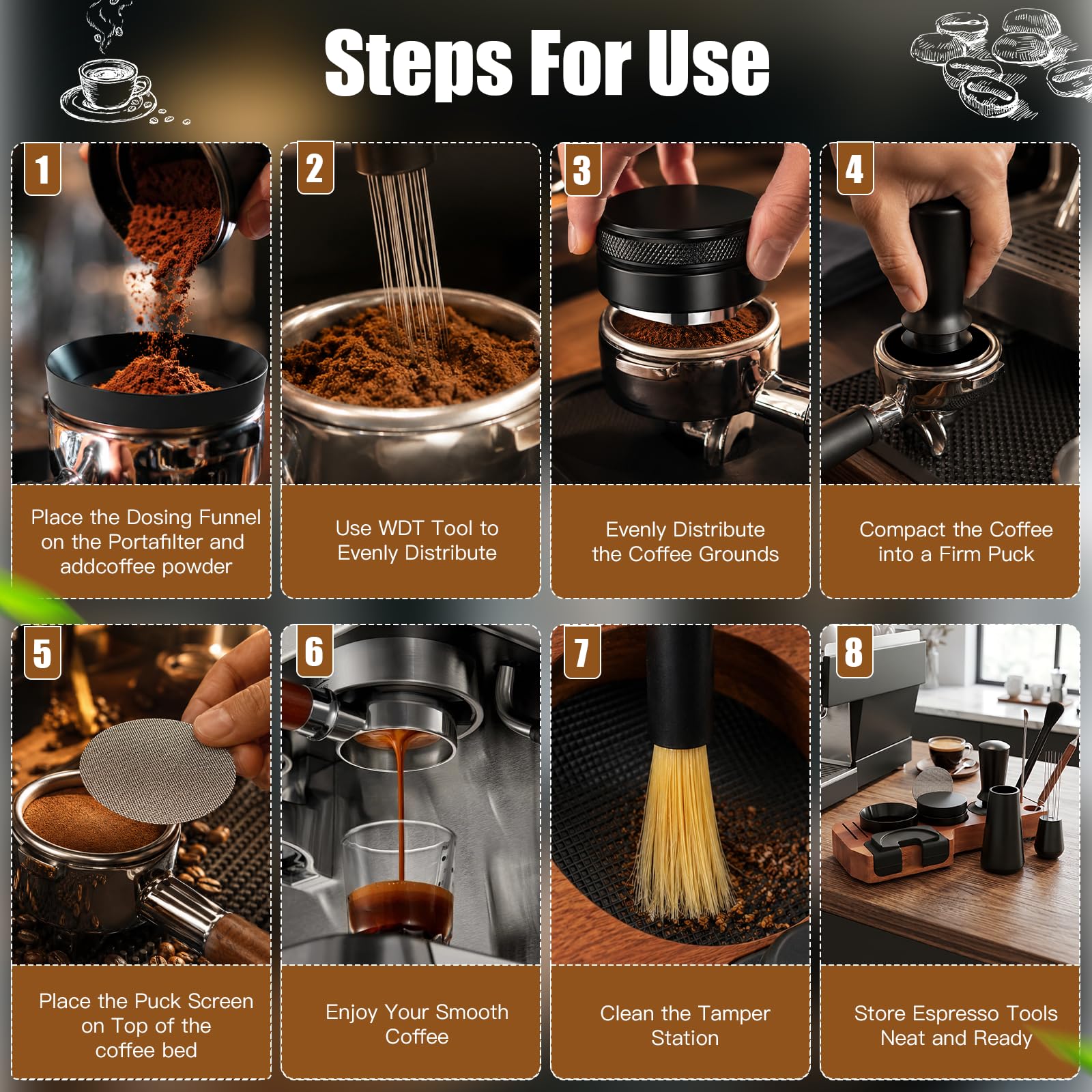 Juego de Prensador de Café de 51 mm,Herramienta de Accesorios de Máquina de Café con Estación de Prensado,Nivelador,Herramienta WDT,Anillo Dosificador,Cepillo,Filtro Puck Screen,Varilla – Para Máquina