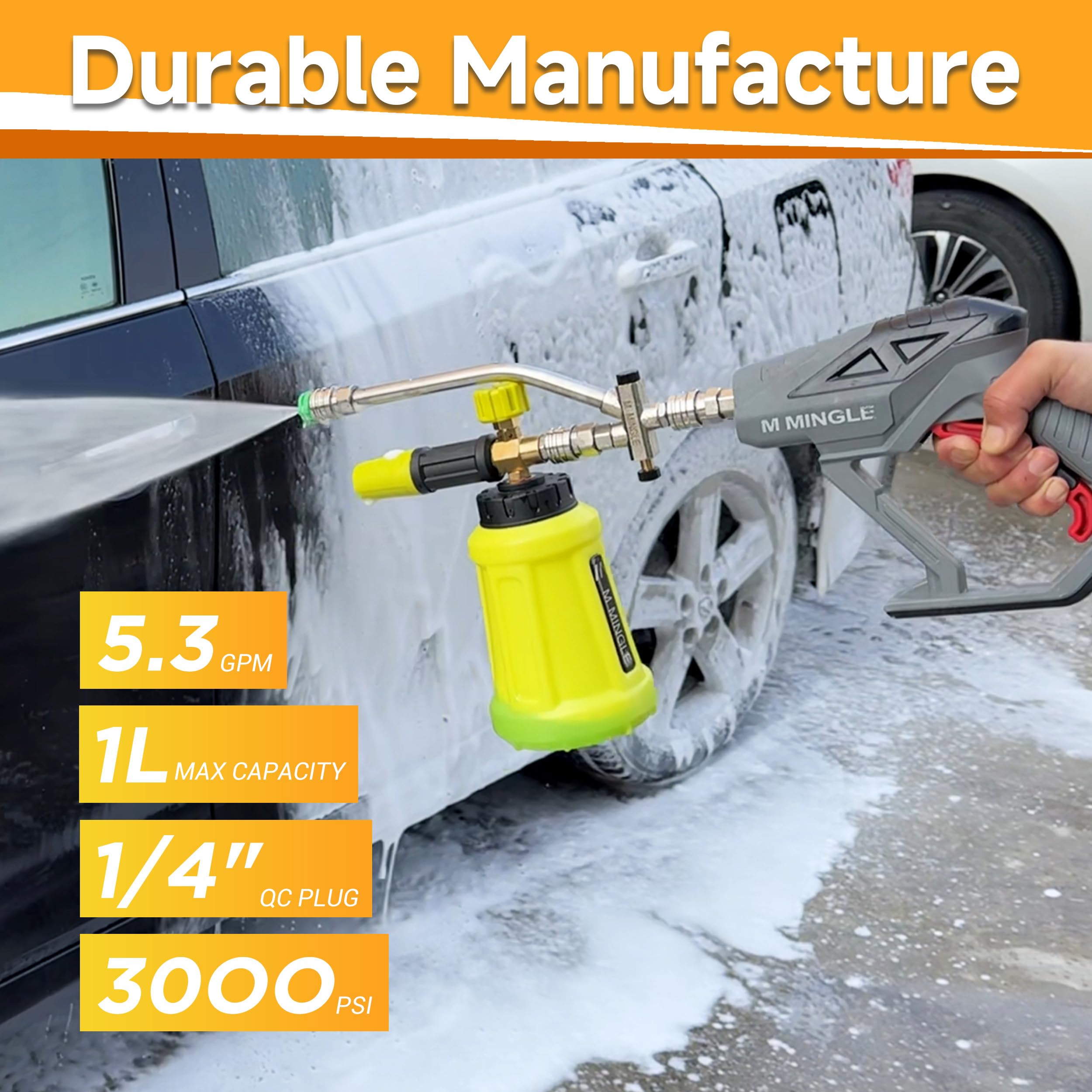 M MINGLE Hochdruckreiniger-Pistole mit Schaumkanone, Schaumkanone Dual Connector Zubehör, Autowaschschaumpistole Kit 1/4 Zoll Schnellanschluss, 5 Hochdruckreiniger-Düsenspitzen