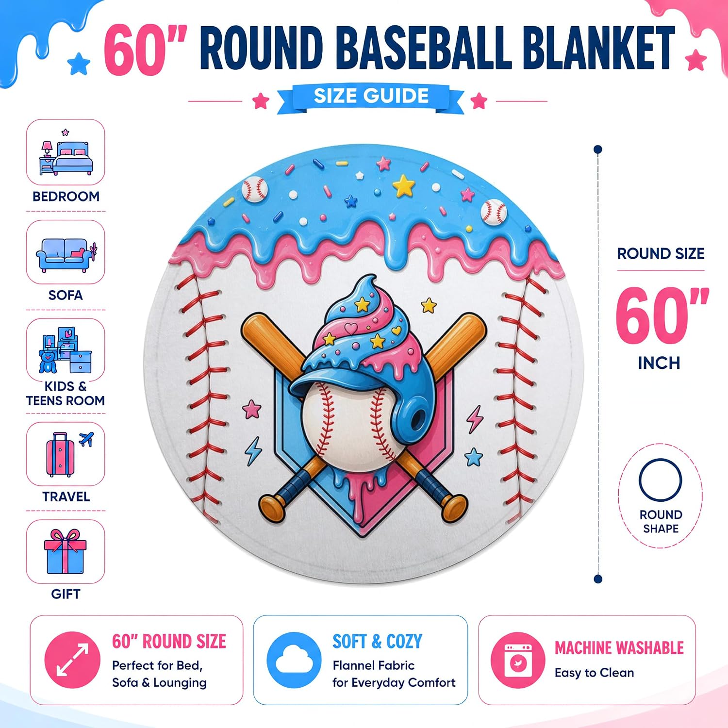 Ice Cream Drip Baseball Round Blanket 60 Inch, Soft Flannel Round Throw Blanket for Kids Teens Boys Girls, Baseball Room Decor Gift for Players Fans image 2