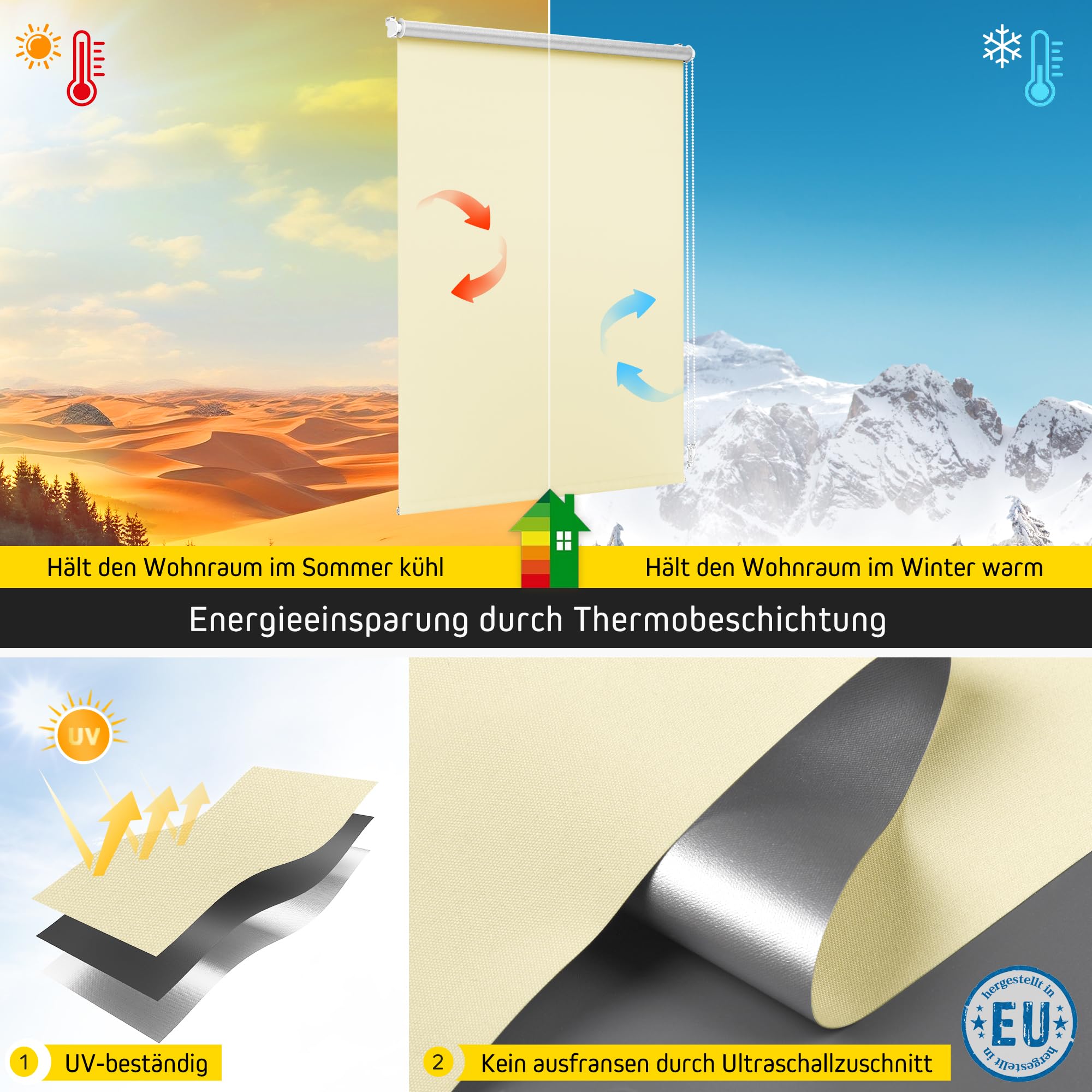 Jalousiescout Thermorollo ohne Bohren, Klemmfix Rollo mit Thermo-Beschichtung, Verdunkelungsrollo für Fenster und Türen, Sonnenschutz Sichtschutz, 110 x 230 cm (BxH), Creme